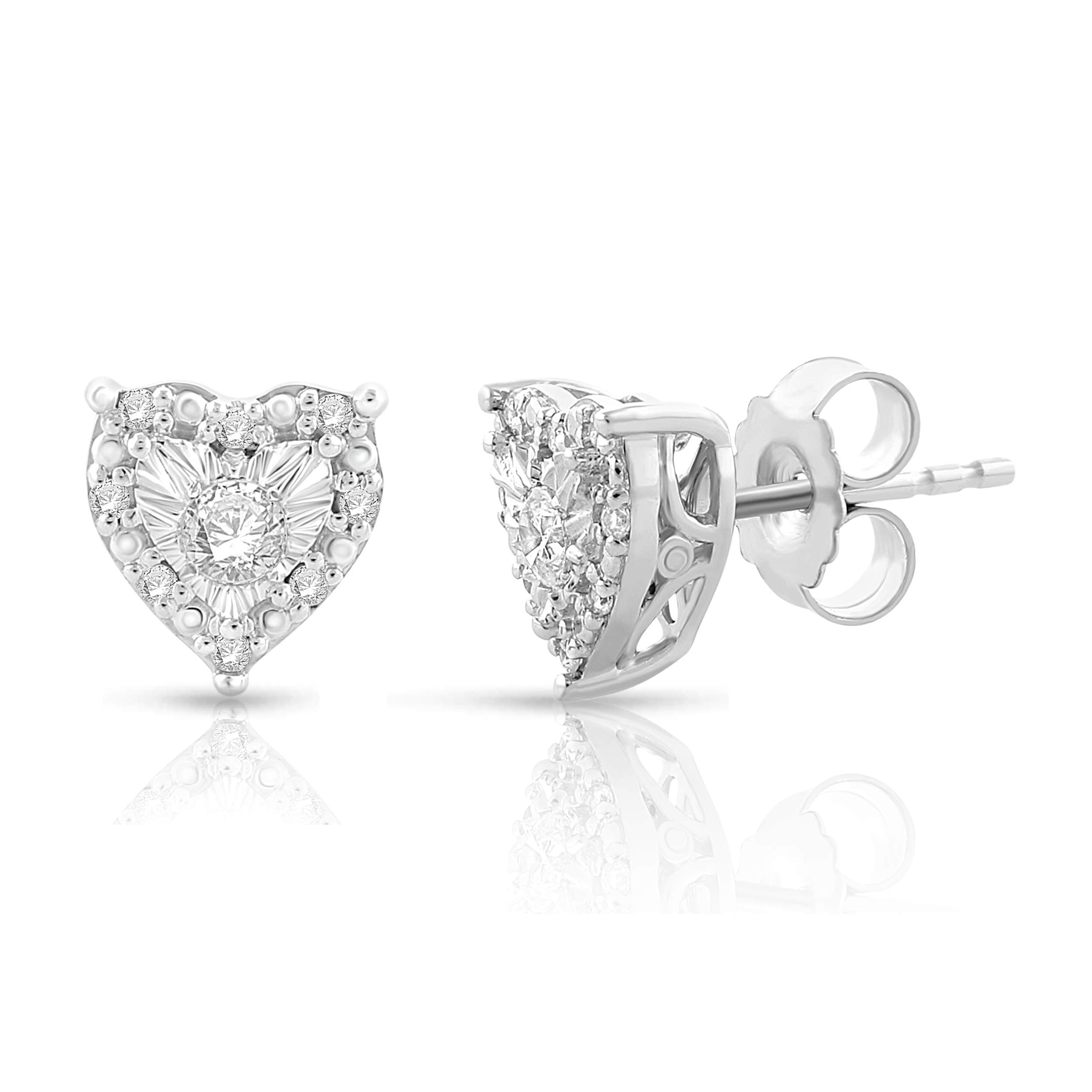 Sterling Silver Halo Diamond Earrings, 1/4ctw Pair or 1/8ctw, Round or Heart, White