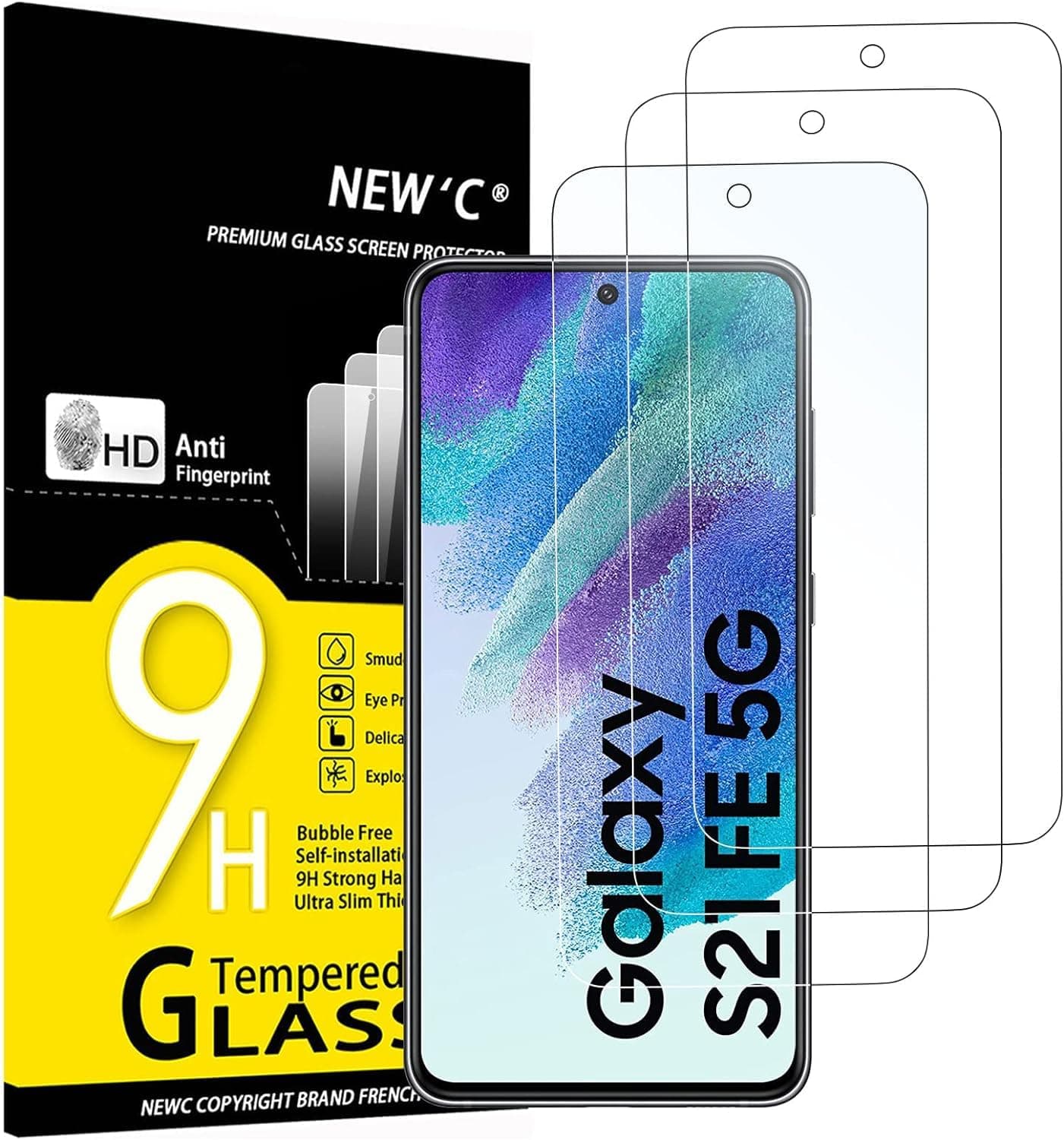 NEW'C 3 Pack Designed for Samsung Galaxy S21 FE 5G Screen Protector Tempered Glass,Case Friendly Scratch-proof, Bubble Free, Ultra Resistant