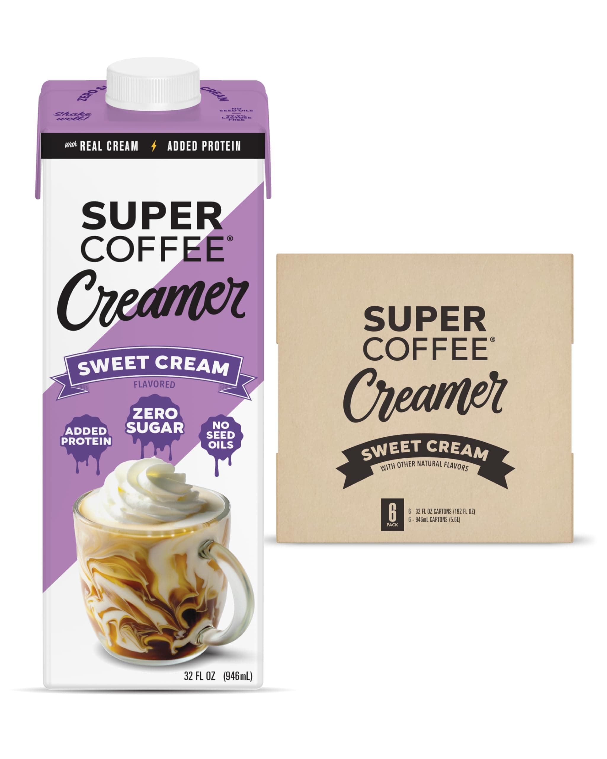 Creamer, SugarFree Creamer (0g Sugar, 1g Protein, 15 Calories) [Sweet Cream] 32 Fl Oz, 6 Pack | Keto Coffee