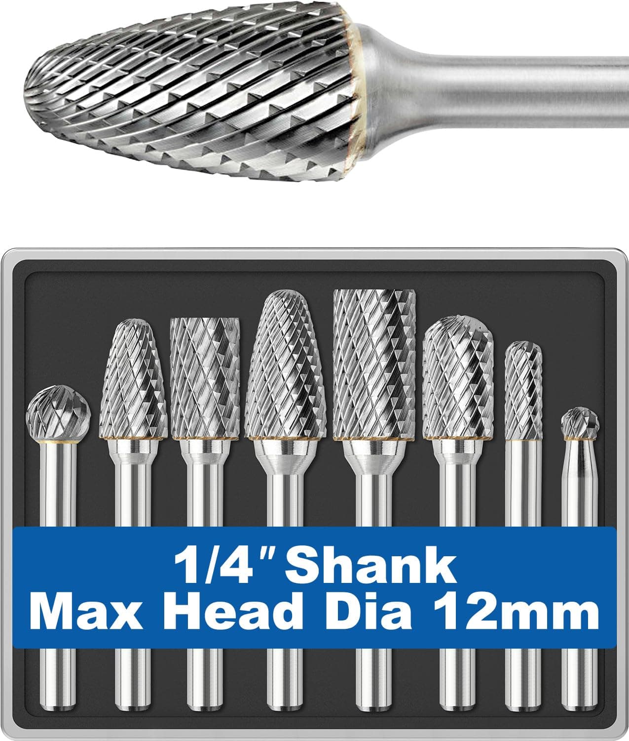 - 8Pcs Carbide Burr Set 1/4 Shank w/Clear Box Max Head Dia 12mm Die Grinder Bits Rotary Tools Attachment Kit Rasp Accessories Metal Wood Stone Steel Grinding Deburring Cutting Porting Carving