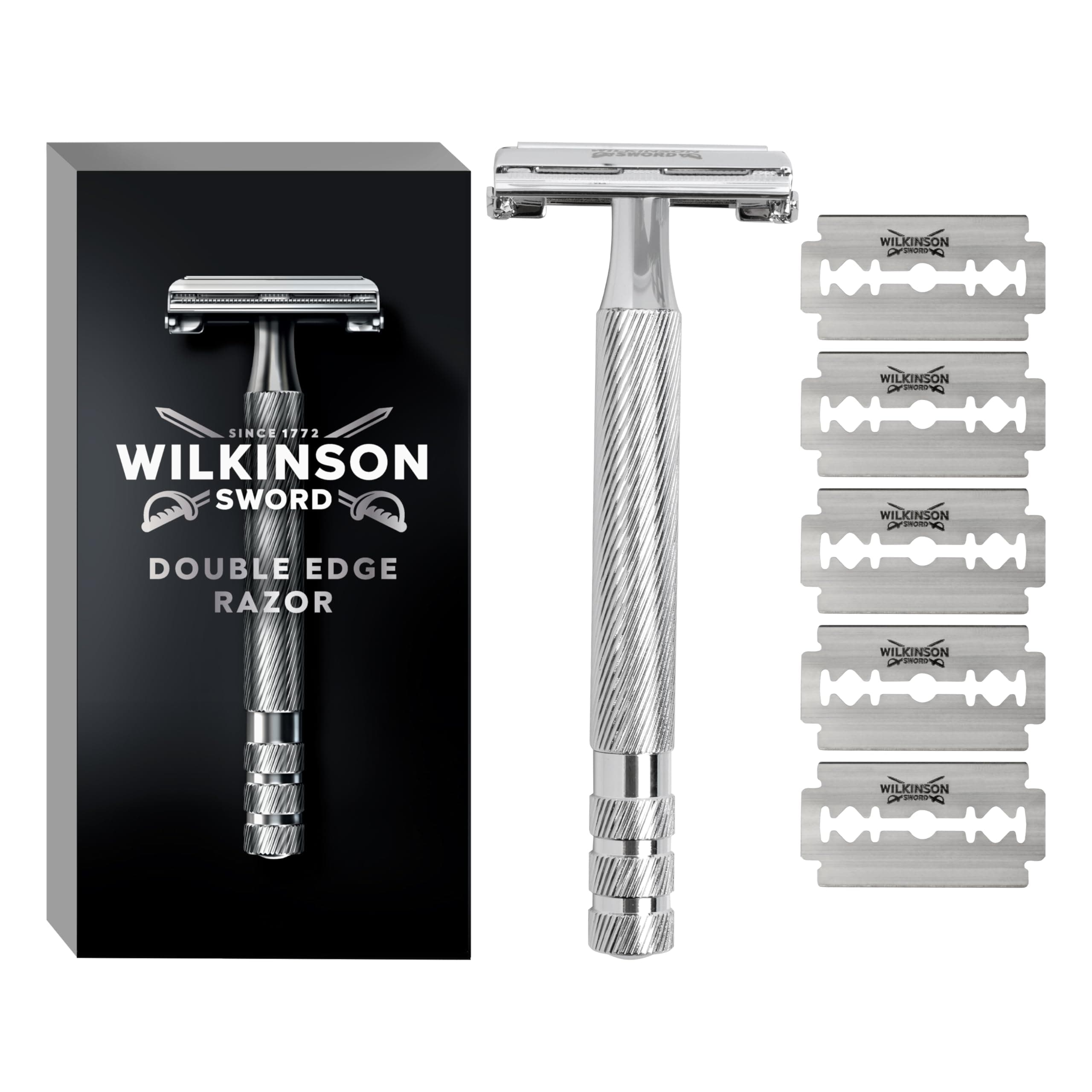 WILKINSON SWORD Safety Razor for Men | Premium - Stainless Steel Safety Razor | Razor + 5 Razor Blades