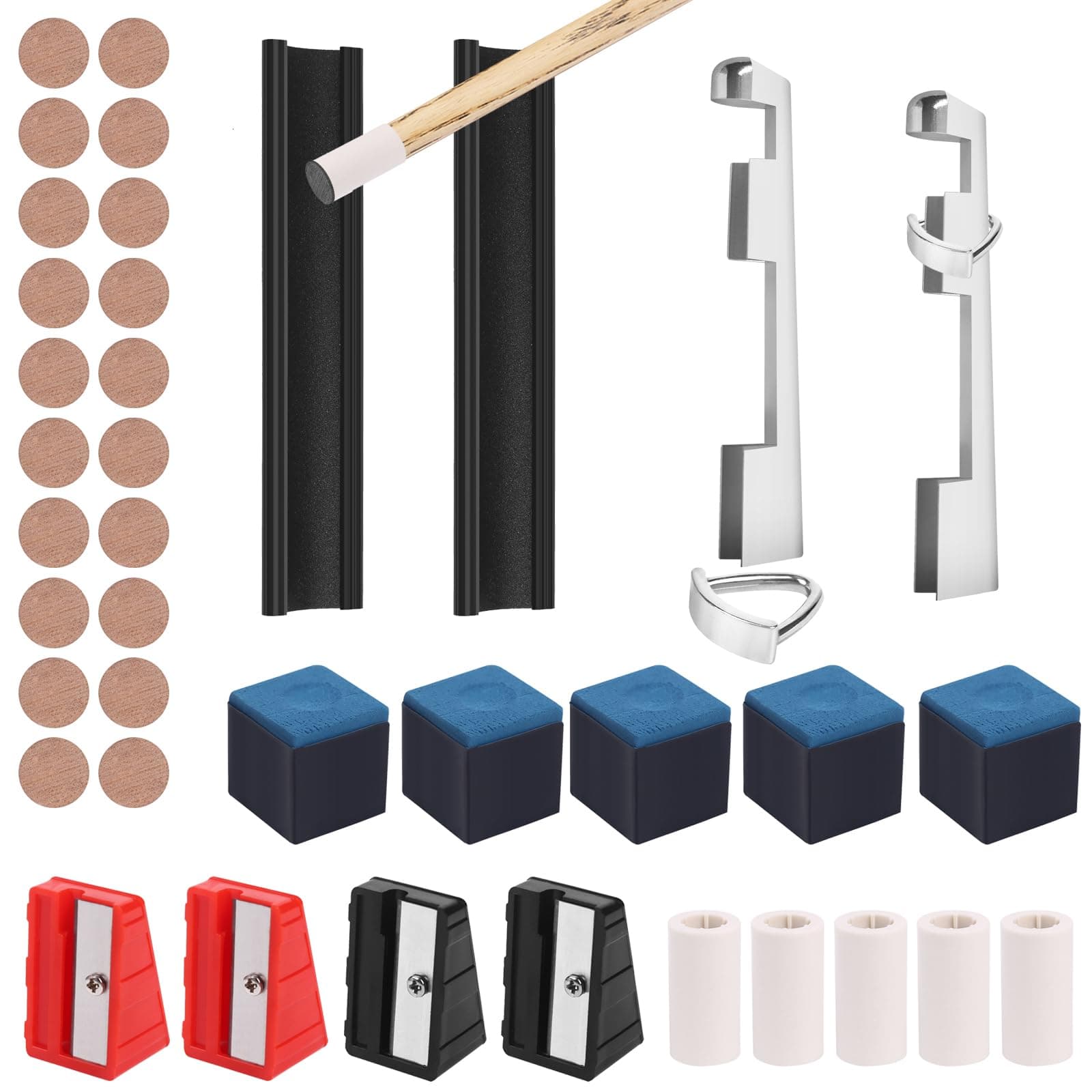 Vefungyan 38pcs Pool Cue Repair Kit: 2 Pool Cue Tip Clamp 20 Billiard Cue Tips 4 Shaper 5 Chalk Cubes 5 Pool Cue Repairers 2 Planers