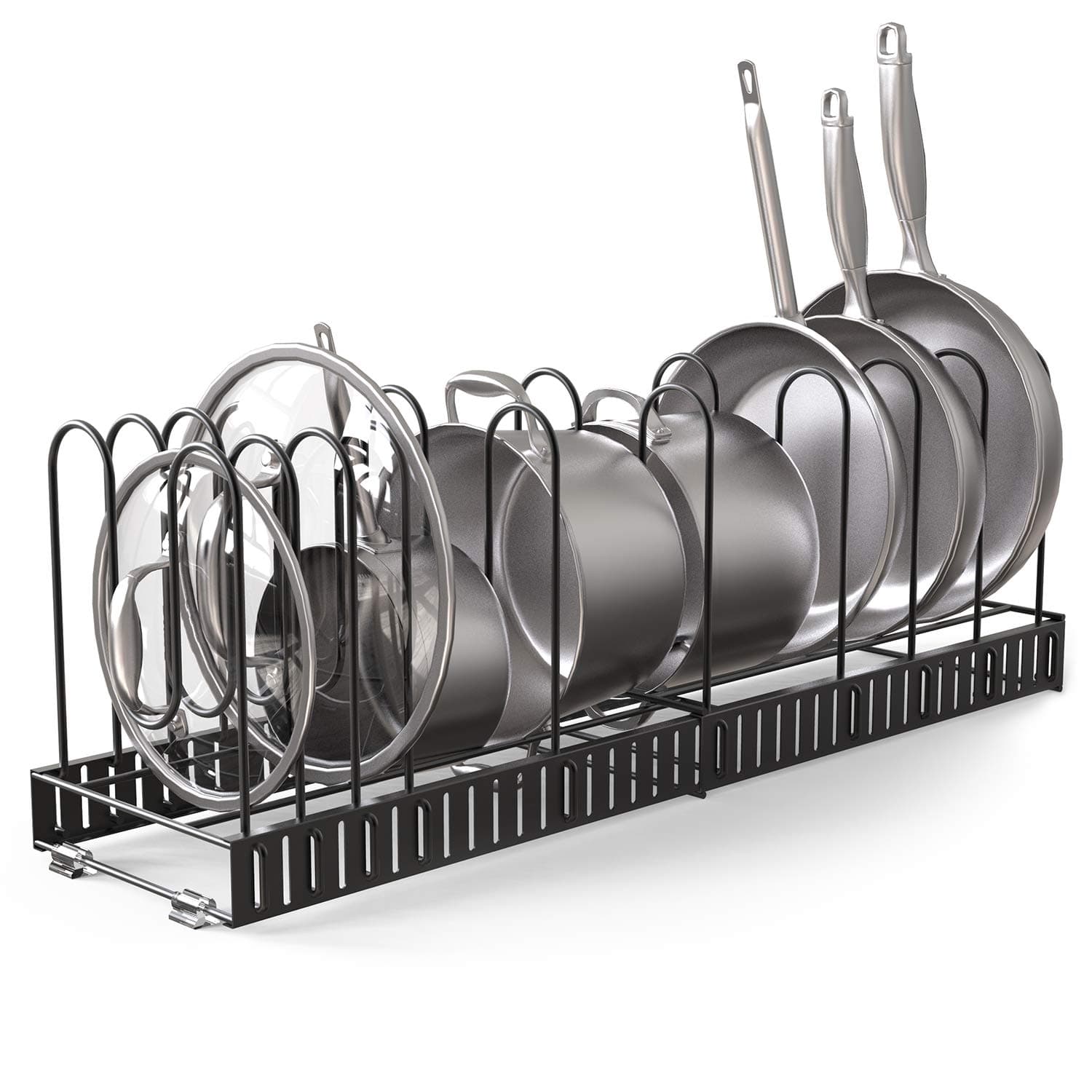 Vdomus Expandable Rack for Cabinets | Adjustable Black Pot Rack | 4 DIY Storage Positions | Holds up to 14 Pans, Pots, or Lids | Durable Iron Pot Stacker | Kitchen Organization | 8.5X 31x11.5