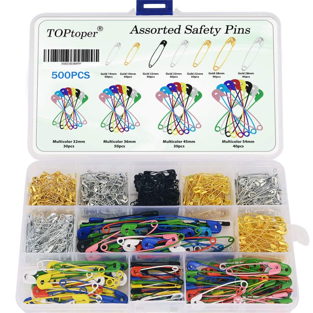 500Pcs Assorted Safety Pins, 7 Sizes Durable Metal Safety Pins 19mm - 54mm for Home Office Use DIY Art Craft Sewing Jewelry Making with Storage Box (500Pcs)