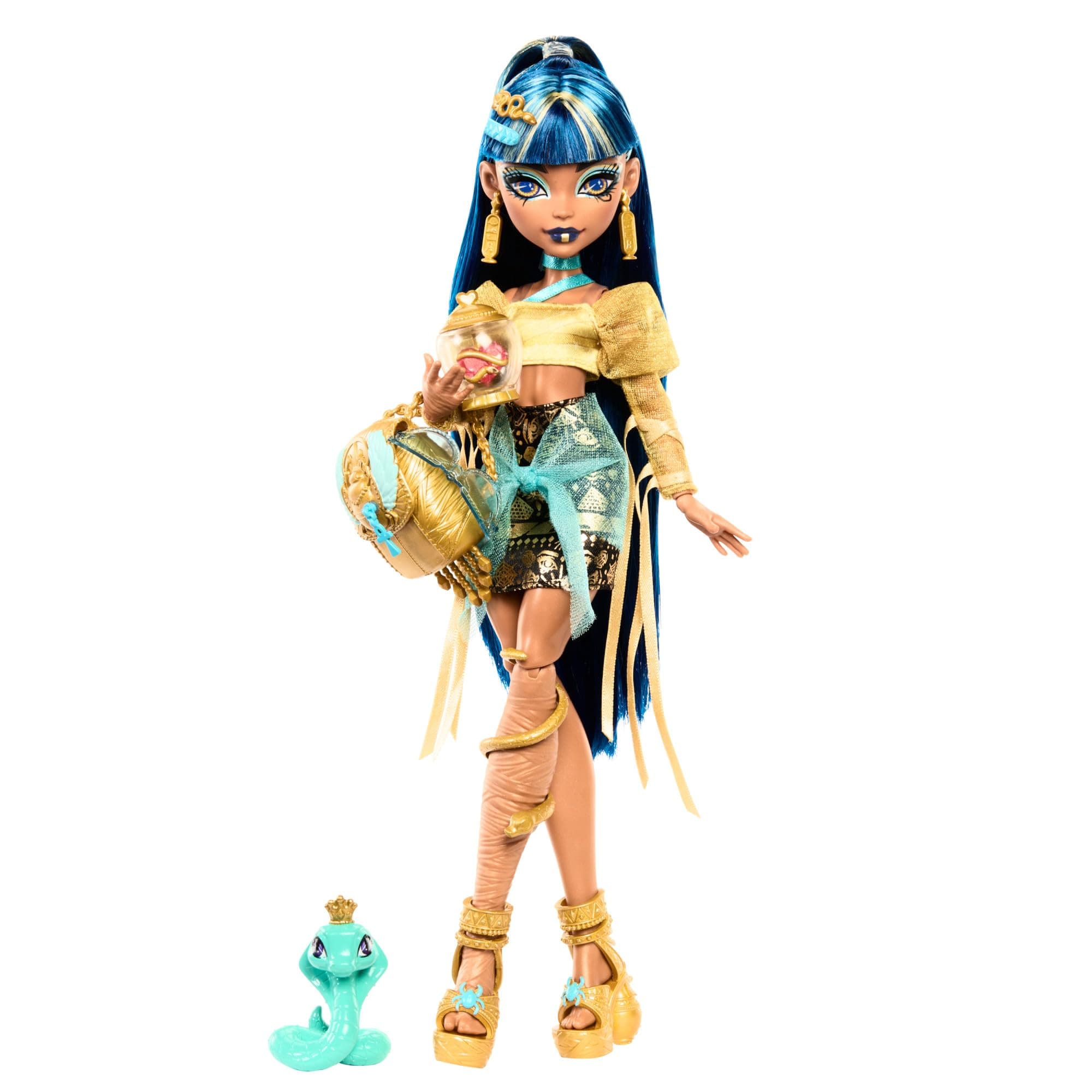 Monster High Cleo De Nile Doll in Golden Blouse and Layered Skirt, Includes Pet Cobra Hissette and Accessories Like a Backpack, Snack and Scroll