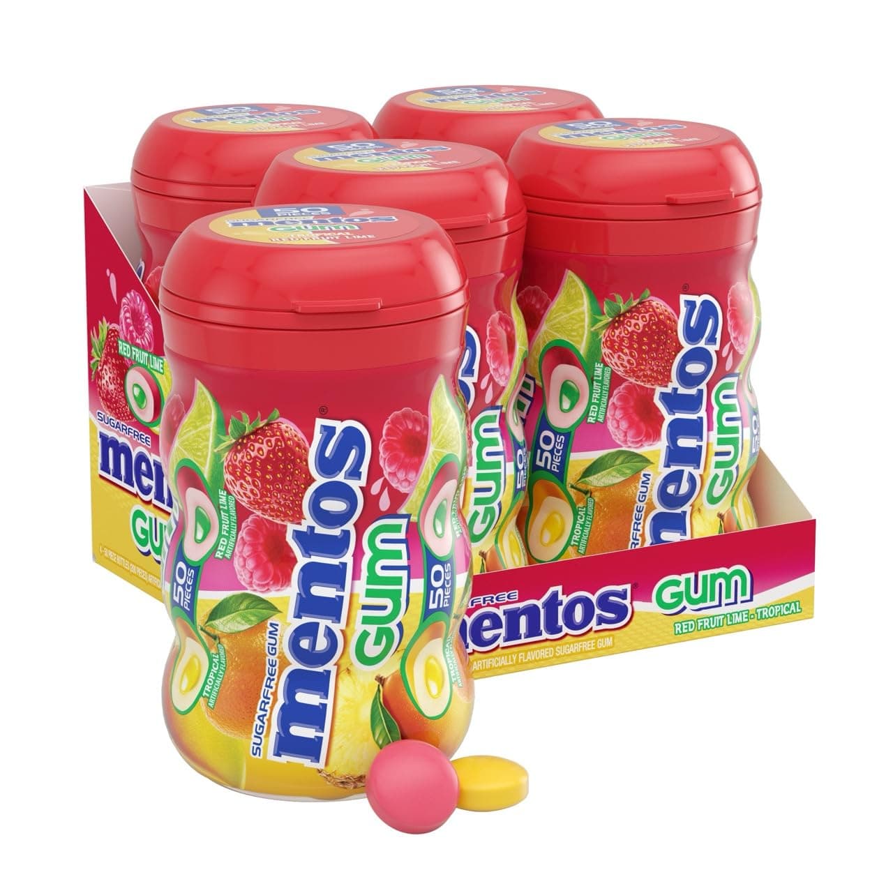 Sugar-Free Chewing Gum, Tropical, Red Fruit and Lime, 50 Piece Bottle (Pack of 4 Bottles)