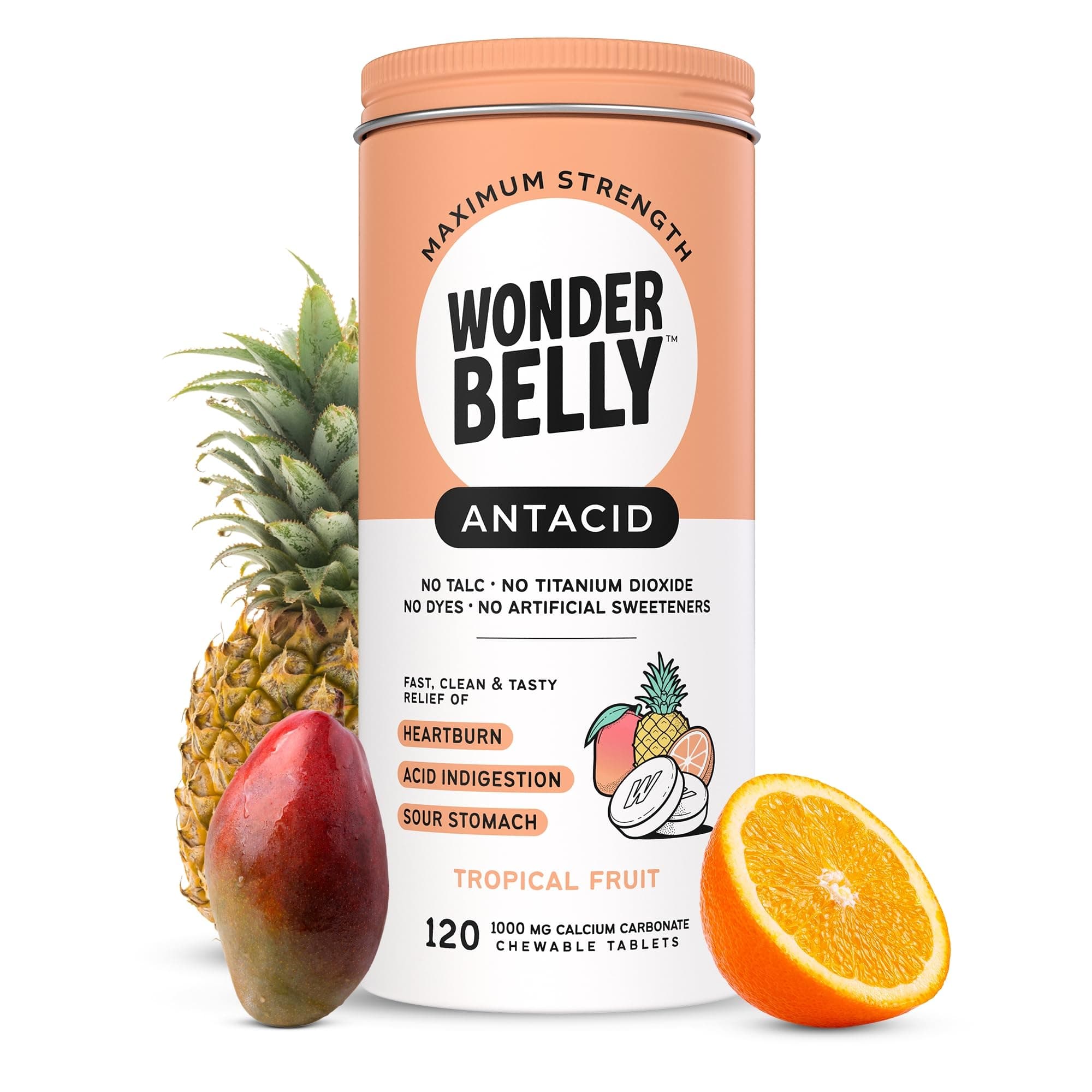 Wonderbelly Antacid, Effective Heartburn and Instant Acid Indigestion Relief, Extra Strength Chewable Tablets, 1000 mg Calcium Carbonate, No Talc or Dye, Tropical Fruit, 120 Count