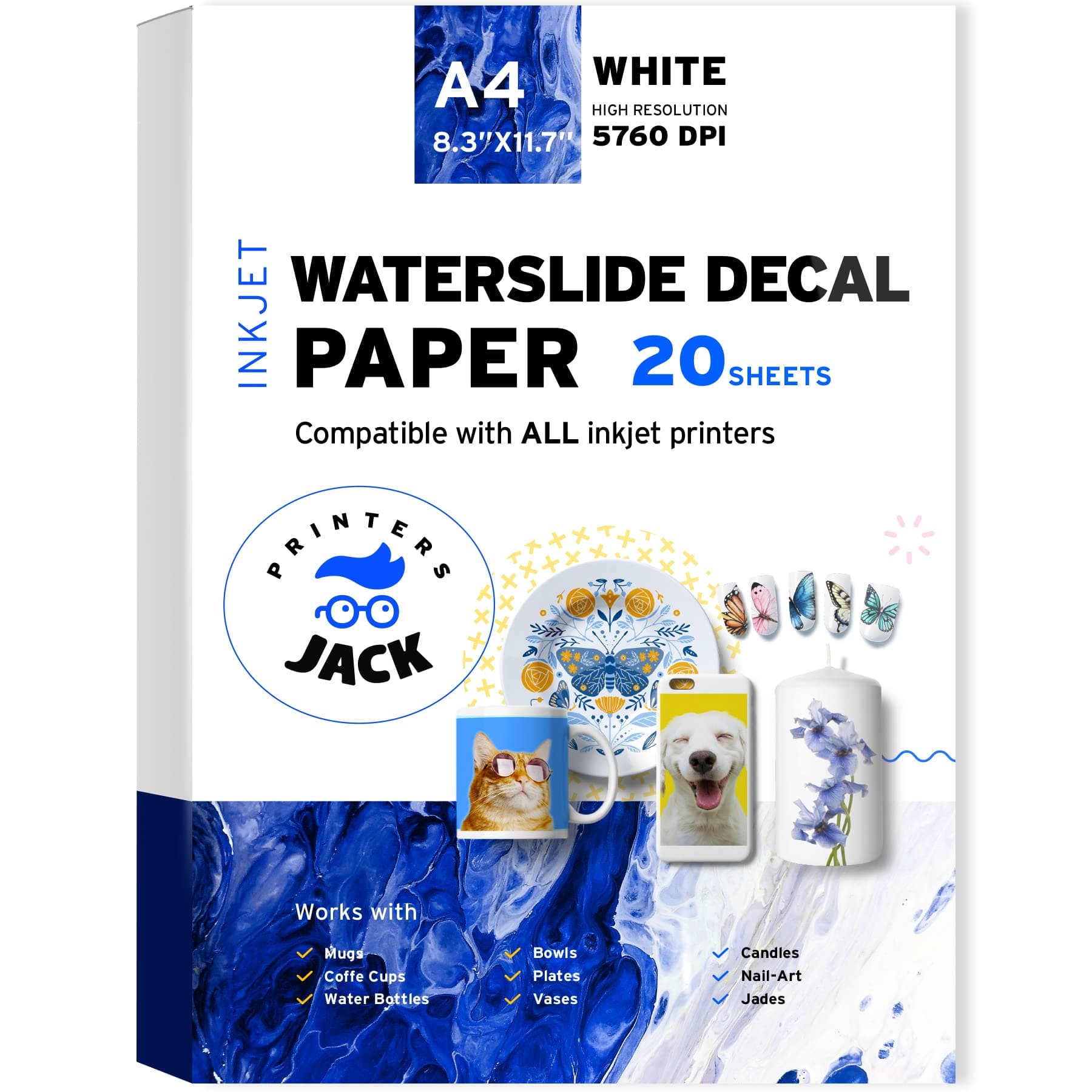 Water Slide Decal Paper Inkjet WHITE 20 Sheets A4 Size Premium Water-Slide Transfer Paper Printable Water Slide Decals for Tumblers, Mugs, Glasses DIY