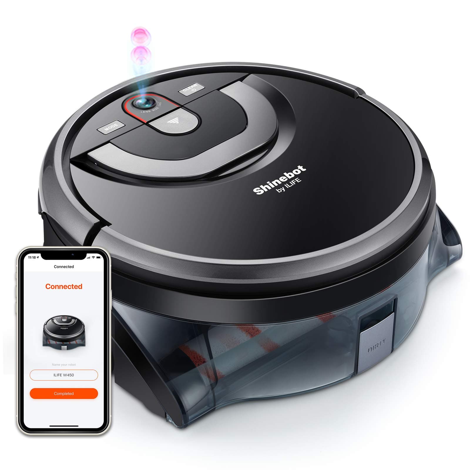 ILIFE Shinebot W450 Vacuum Mop Robot Cleaner, Wet Mopping, Floor Washing and Scrubbing, Smart Mapping, Wi-Fi Connected, Works with Alexa，XL Water Tank, Zig-Zag Cleaning Path, for Hard Floors only