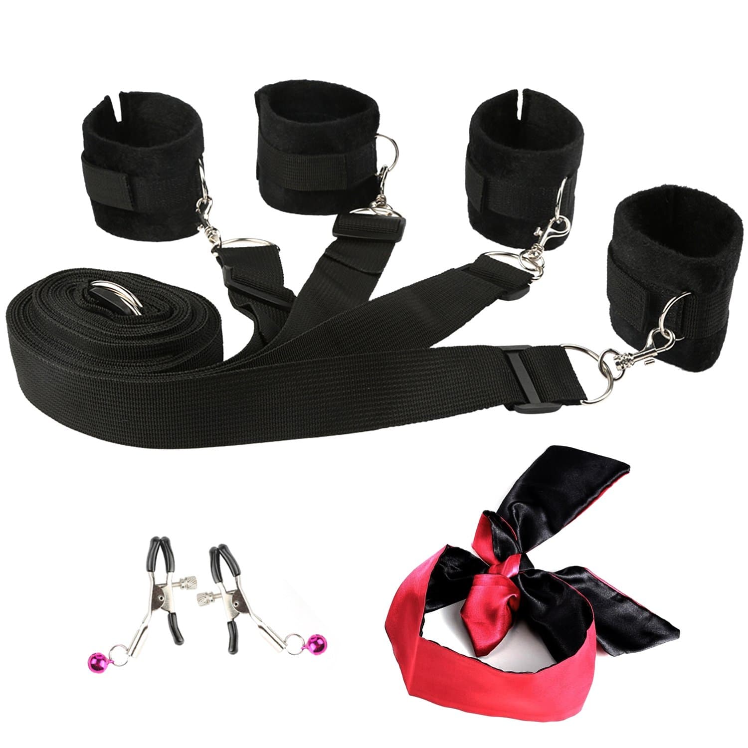 Bed Restraints Kit with Adjustable Fur Leather Wrist,Soft-touch blindfold and Tongs for Cosplay