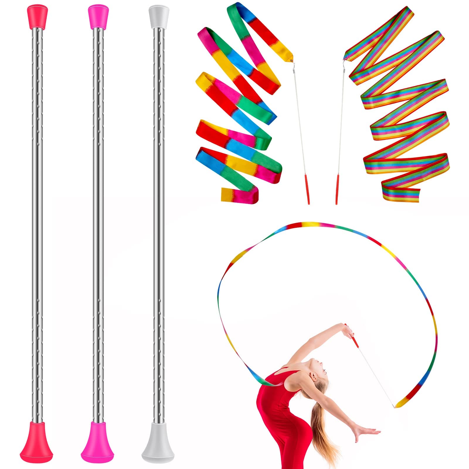 HyDren 5 Pcs Stainless Steel Twirling Baton with Dance Ribbons Rainbow Streamers Ribbon Dancer Wand Center Balanced Batons for Twirling for Dancing Band Gymnastic