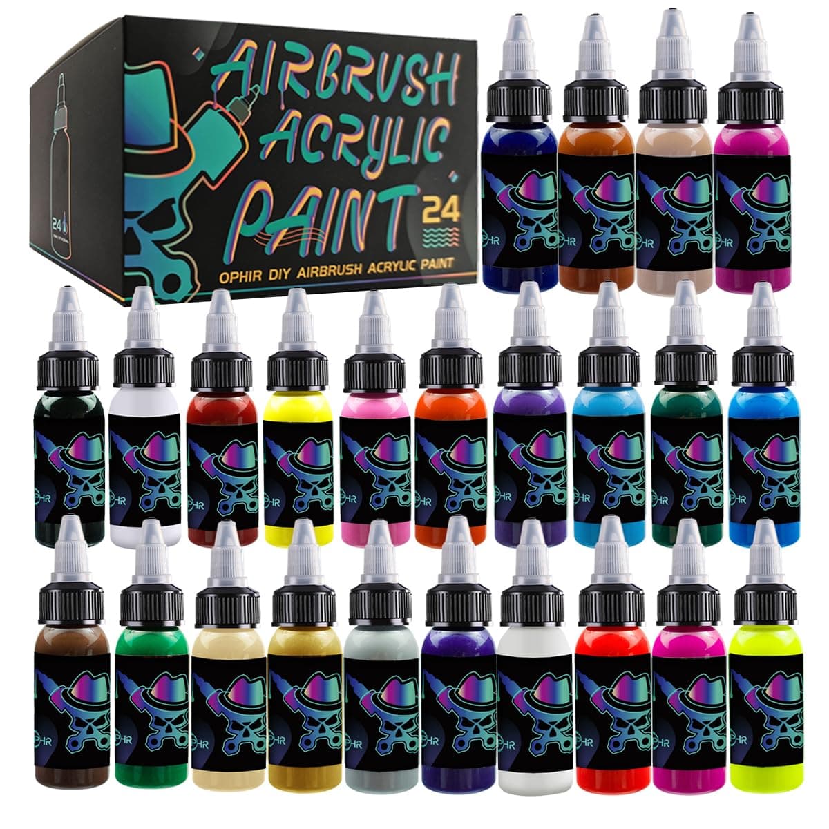 OPHIR Acrylic Airbrush Paint, Fabric Airbrush Paints for Shoes, Model Hobby, Crafts, Leather Painting-Water Based 24 Opaque Colors Air Brush Painting Set, 1.05 oz/Bottle