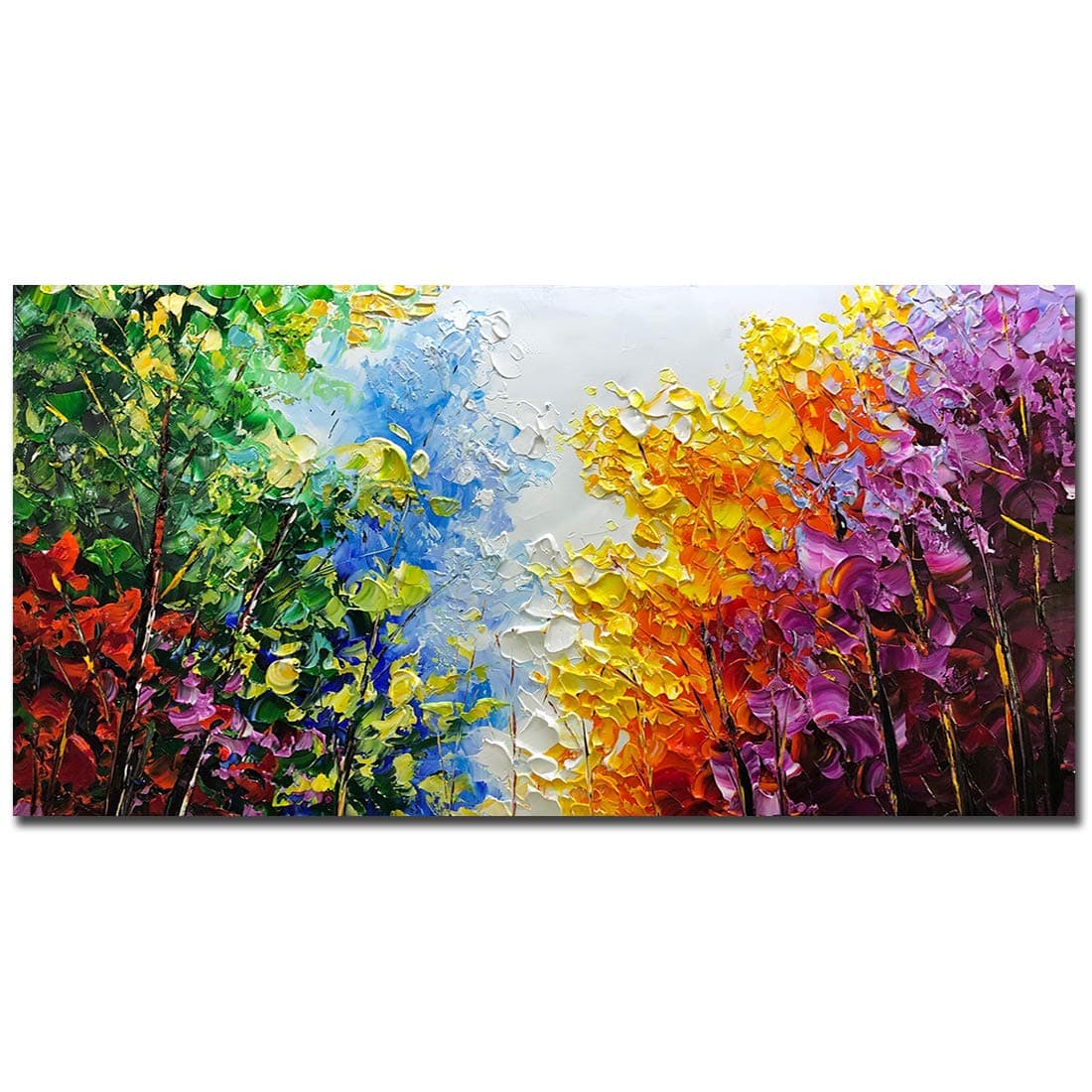 V-inspire Art, 24x48 inch Modern Abstract Oil Painting on Canvas Wall Art 100% Hand Painting Bright-Coloured Tree Art Living Room Bedroom Decoration Ready to Hang