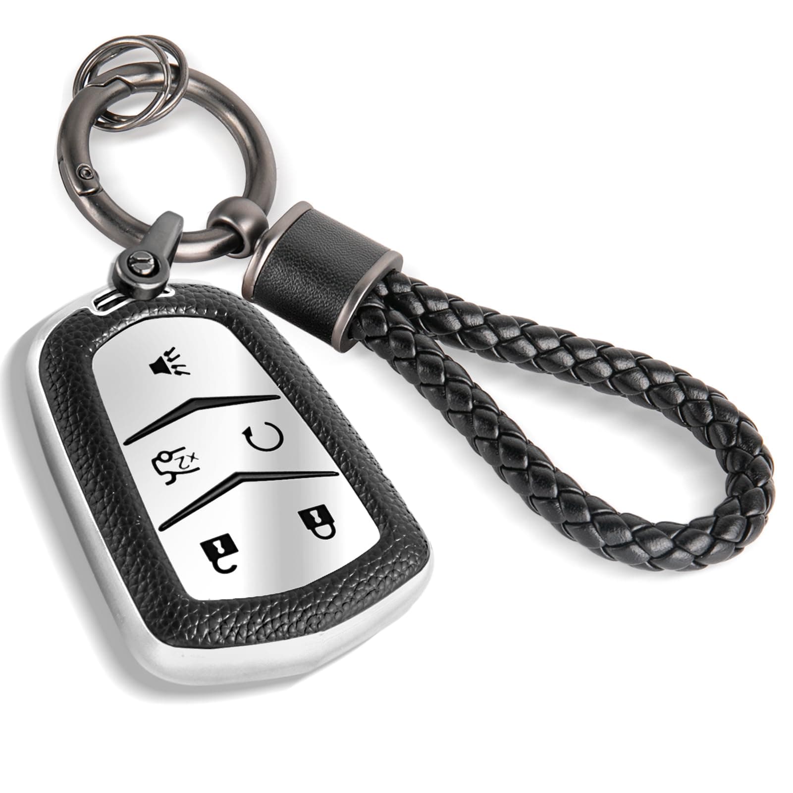 CTRINEWSfor Cadillac Key Fob Cover with Metal Braided Rope Keychain, Upgraded Soft TPU Surface Leather Grain Key Case for Escalade CTS SRX XT5 ATS (5 Buttons) Key Fob Shell (Silver)