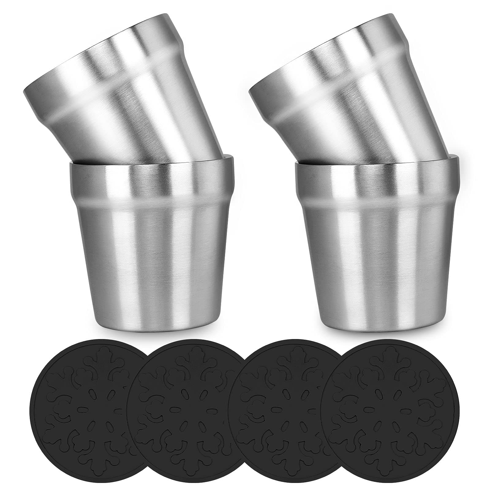 YoudaStainless Steel Double Walled Cups (4 Piece)+Silicone Coaster(4 Piece) Stackable, Brushed Metal Drinking Glasses, Coffee Cup/Tea Cup/Chilling Beer Glasses, For Home&Outdoor, 6 oz(175ml)
