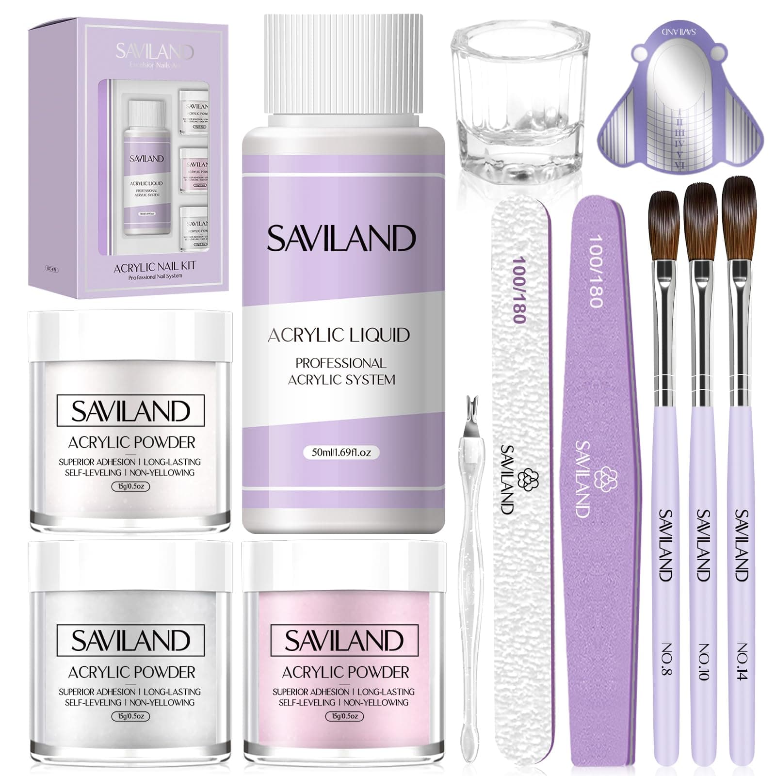 Saviland Acrylic Nail Kit for Beginner – 15g Clear/White/Pink Powder and Liquid Set with Brush Forms Glass Dappen Dish Easy to Use Starter Home DIY, 1 Count