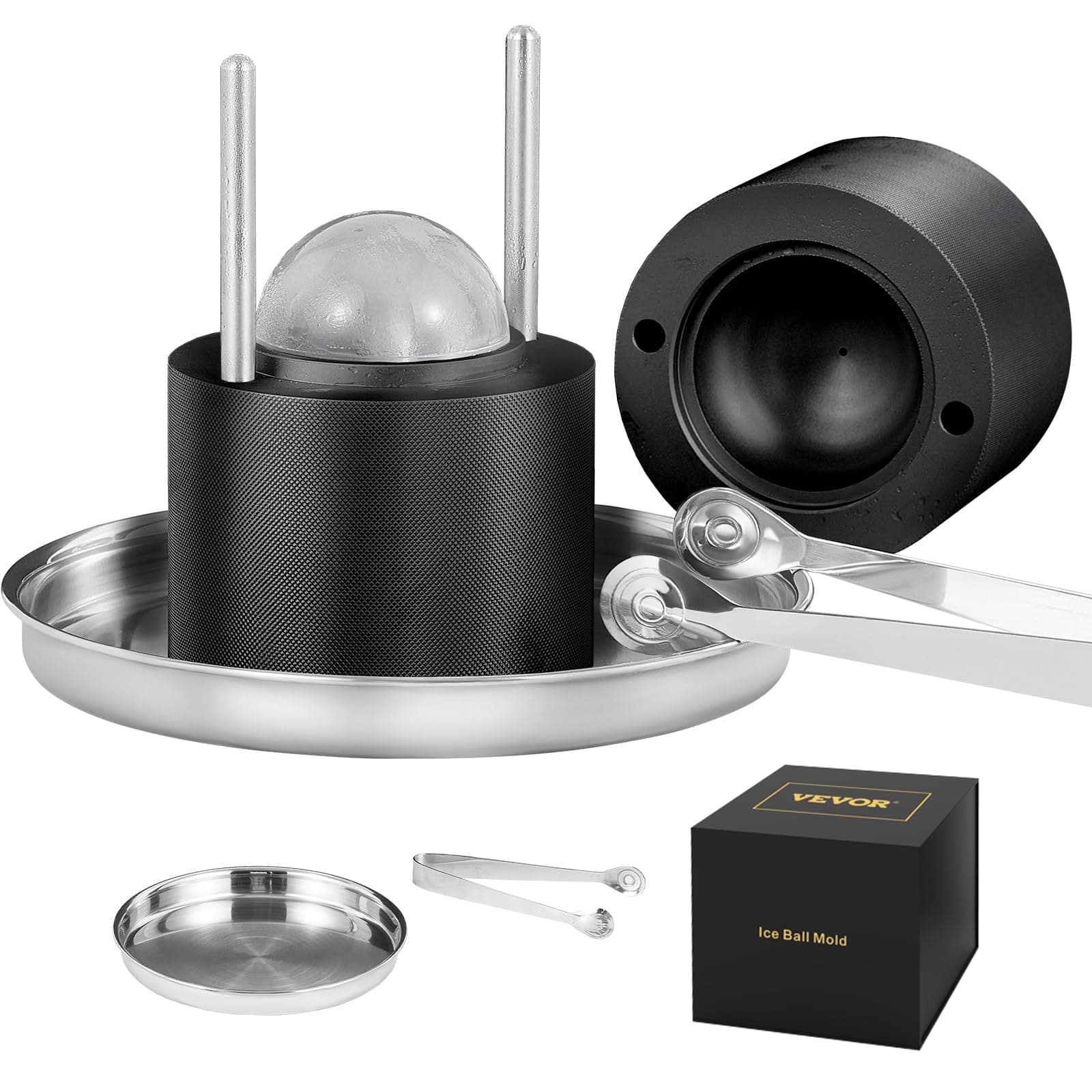 VEVOR Ice Ball Press, 2.4" Ice Ball Maker, Aviation Aluminum Ice Ball Press Kit for 60mm Ice Sphere, Ice Press with Tong and Drip Tray, for Whiskey, Cocktail, Bourbon, Scot on Party & Holiday, Black