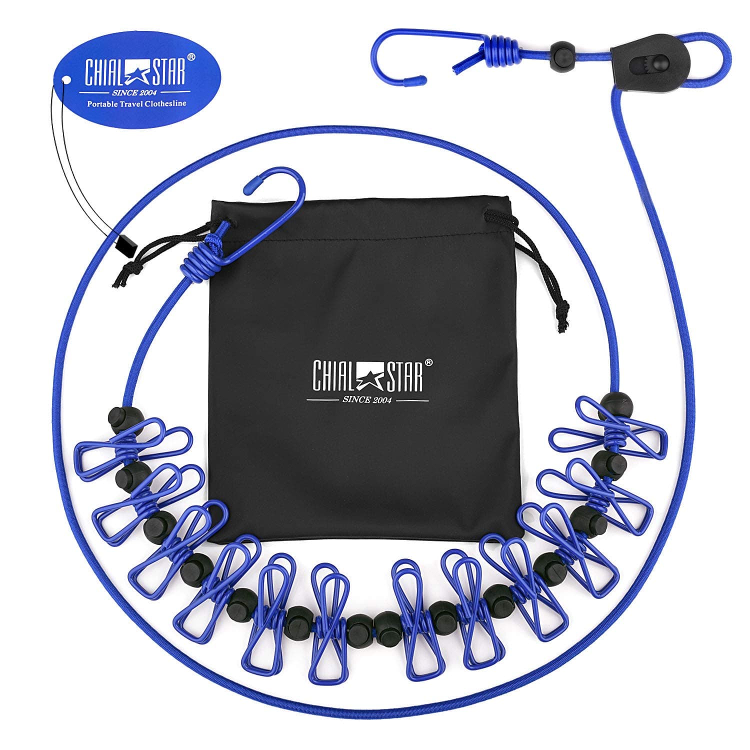 CHIALSTAR Upgrade Travel Clothesline, Portable Retractable Adjustable Elastic Travel Camping Windproof Clothes Line with 1 Black Waterproof Bag and 12pcs Clothespins for Outdoor and Indoor Use (Blue)