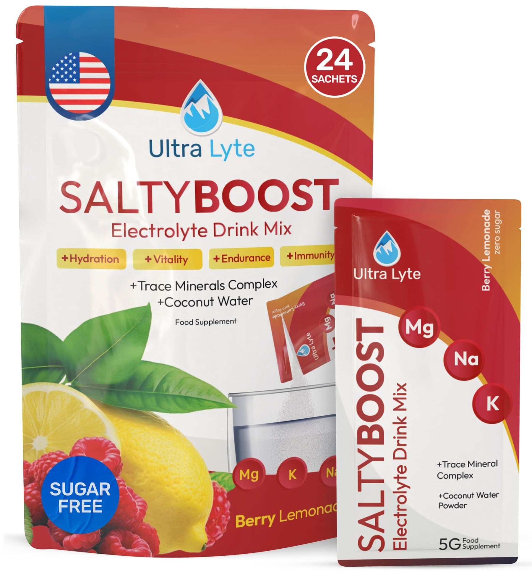 Electrolytes Drink Mix - Sugar-Free Salty Berry Lemonade Powder - 24 Sachets with High Sodium, Trace Minerals, and Coconut Water - Hydration for Training, Rehydration, and Wellness