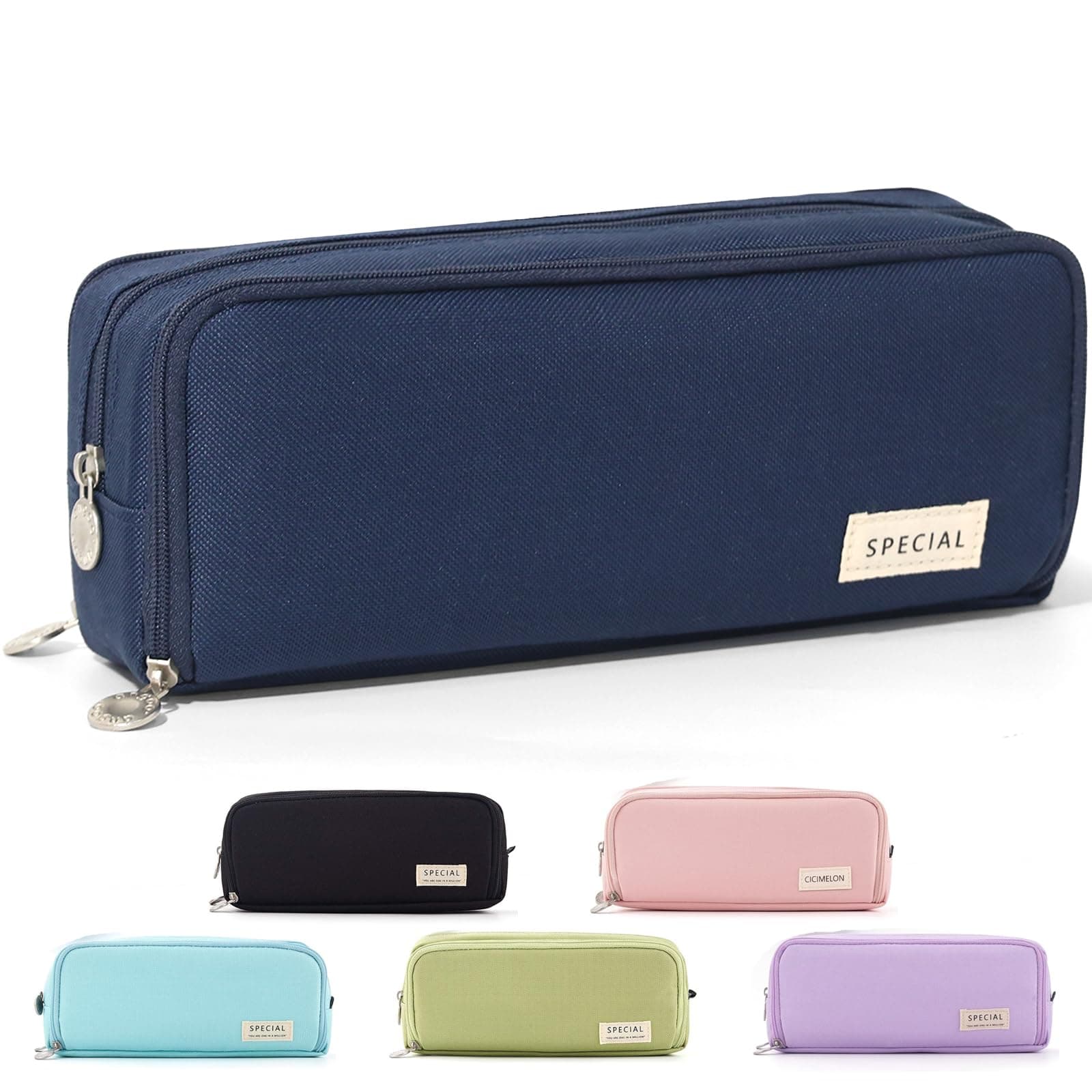 Cicimelon Pencil Case Large Capacity Pouch 3 Compartments Bag Gift For Students Girls Adults Women (Navy)