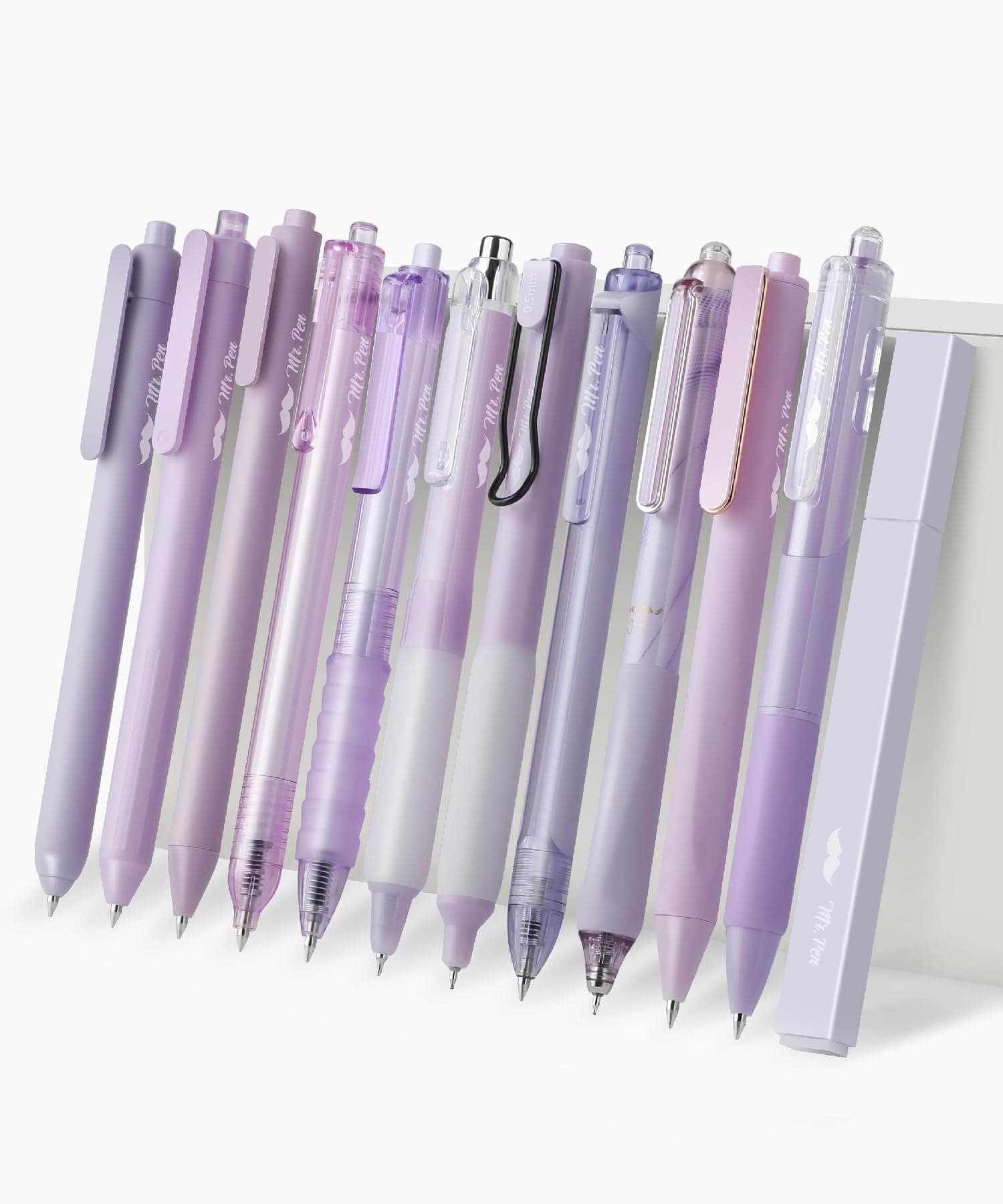 Gel Pen Set, 12 Pack, Pastel Purple Barrels, 1 x Aesthetic Highlighter, 0.5mm Purple Pens with Black Ink