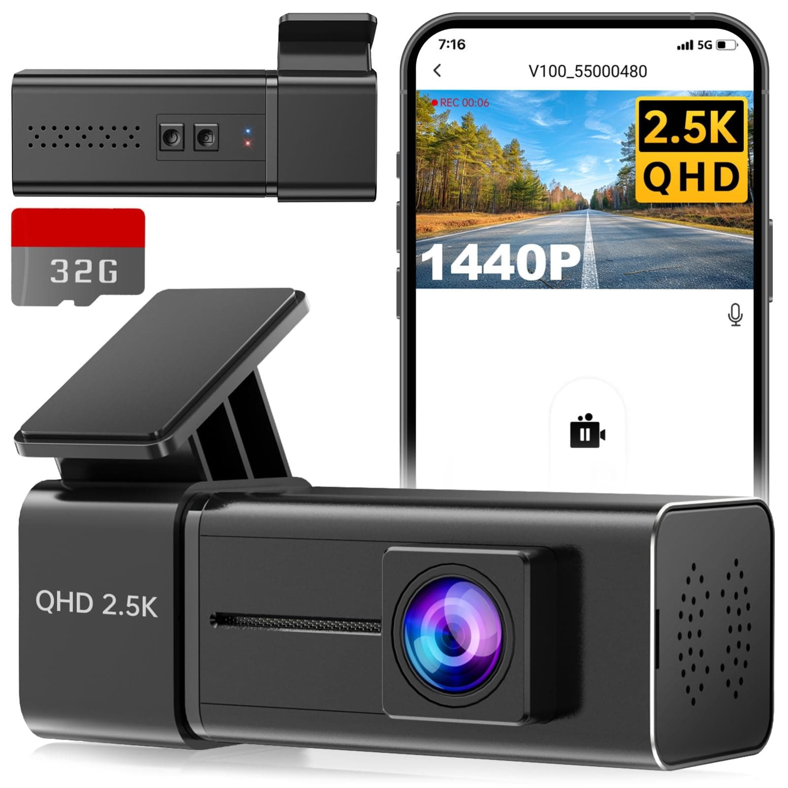 Dash Cam 2.5K 1440P Front Dashcam for Cars, E-YEEGER Mini WiFi Hidden Dashcams with App, Night Vision Car Camera, 24H Parking Mode, G-Sensor, Loop Recording, Free 32G Card, Support 256GB Max, Black