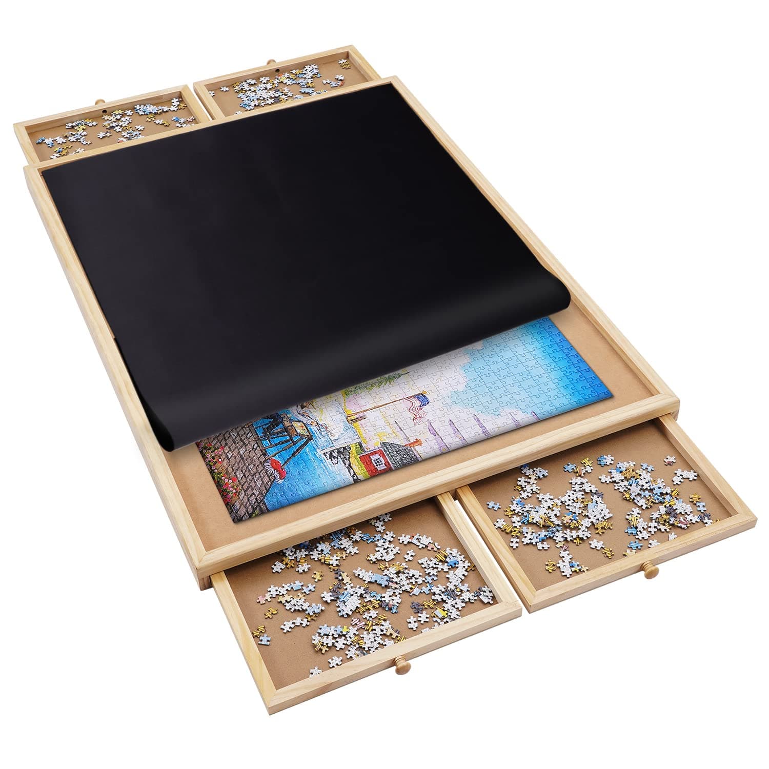 1500 Pieces Wooden Jigsaw Puzzle Board with 4 Drawers for Storing Puzzles, 26” x 35” Large Portable Jigsaw Puzzle Table with Puzzle Cover, Non-Slip Plateau Work Surface for Adults