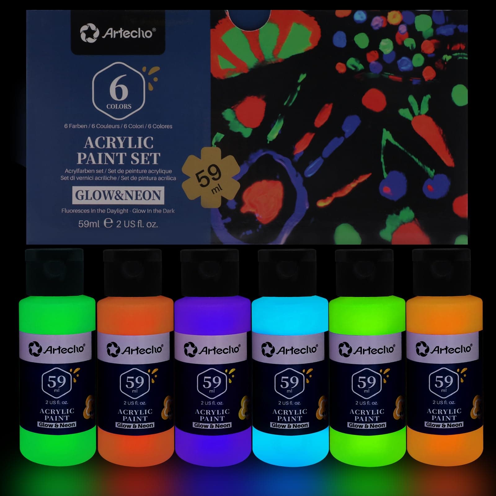 Artecho Glow in the Dark Paint - Set of 6 Colors, 59 ml / 2 oz Acrylic Paint for Outdoor Decoration, Art Painting, Supplies for Wood, Fabric, Shoe, Rock, Crafts & Canvas