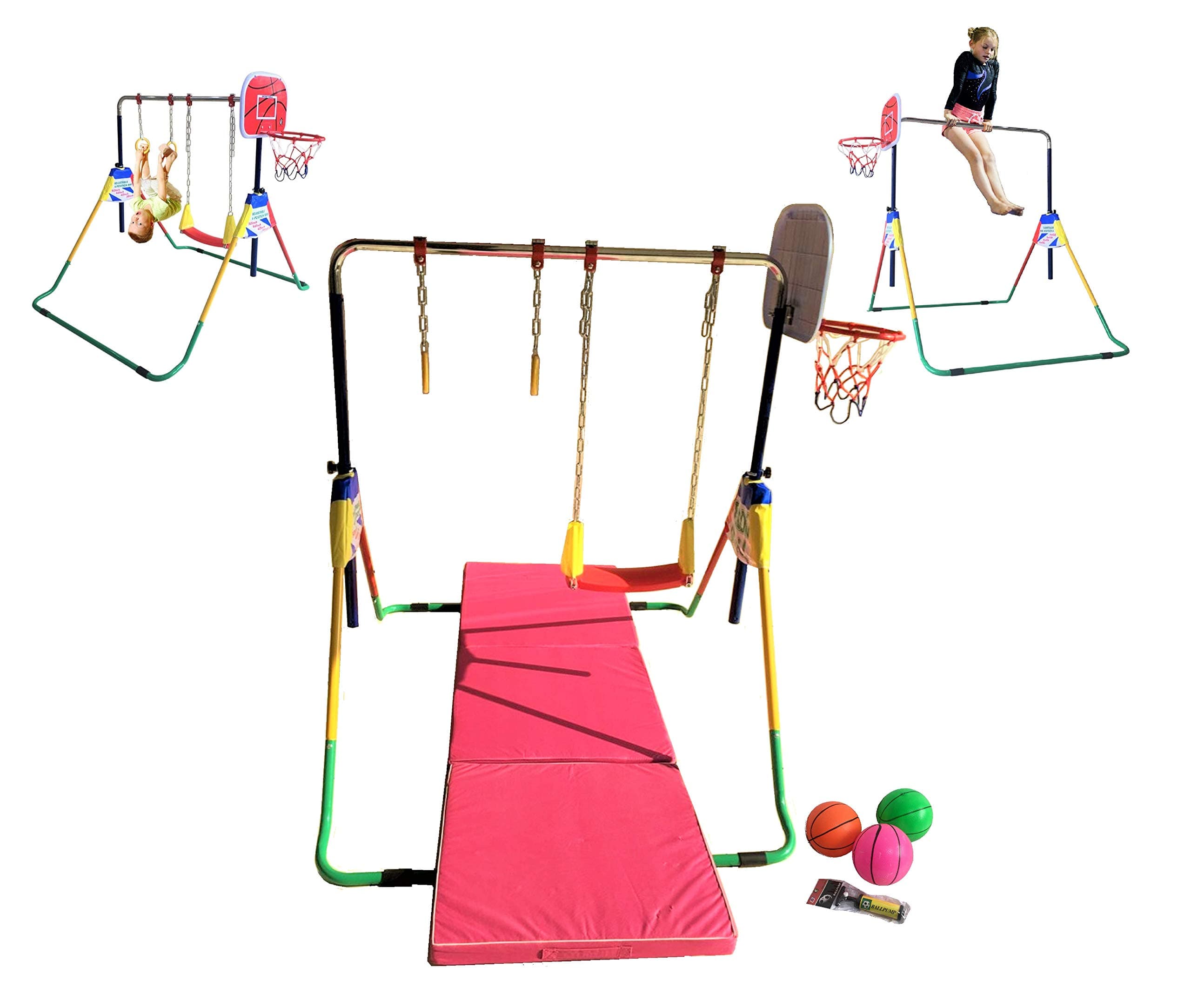 Children Monkey Bar Gymnastics Athletic Expandable Kip Balance Bars Junior Training Play Gym Yellow Red with 2Ft x 6Ft Gymnastic Mat & Basketball Stand & Swing Seat & Trapeze Rings