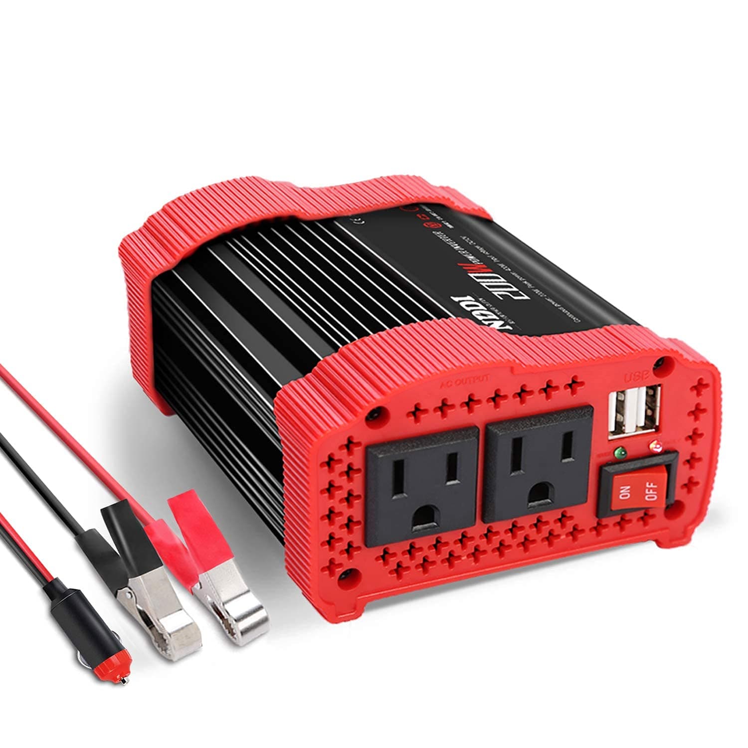 200W Car Power Inverter 12V DC to 110V AC Converter with 3.1 A Dual USB Quick Car Charger Adapter Red