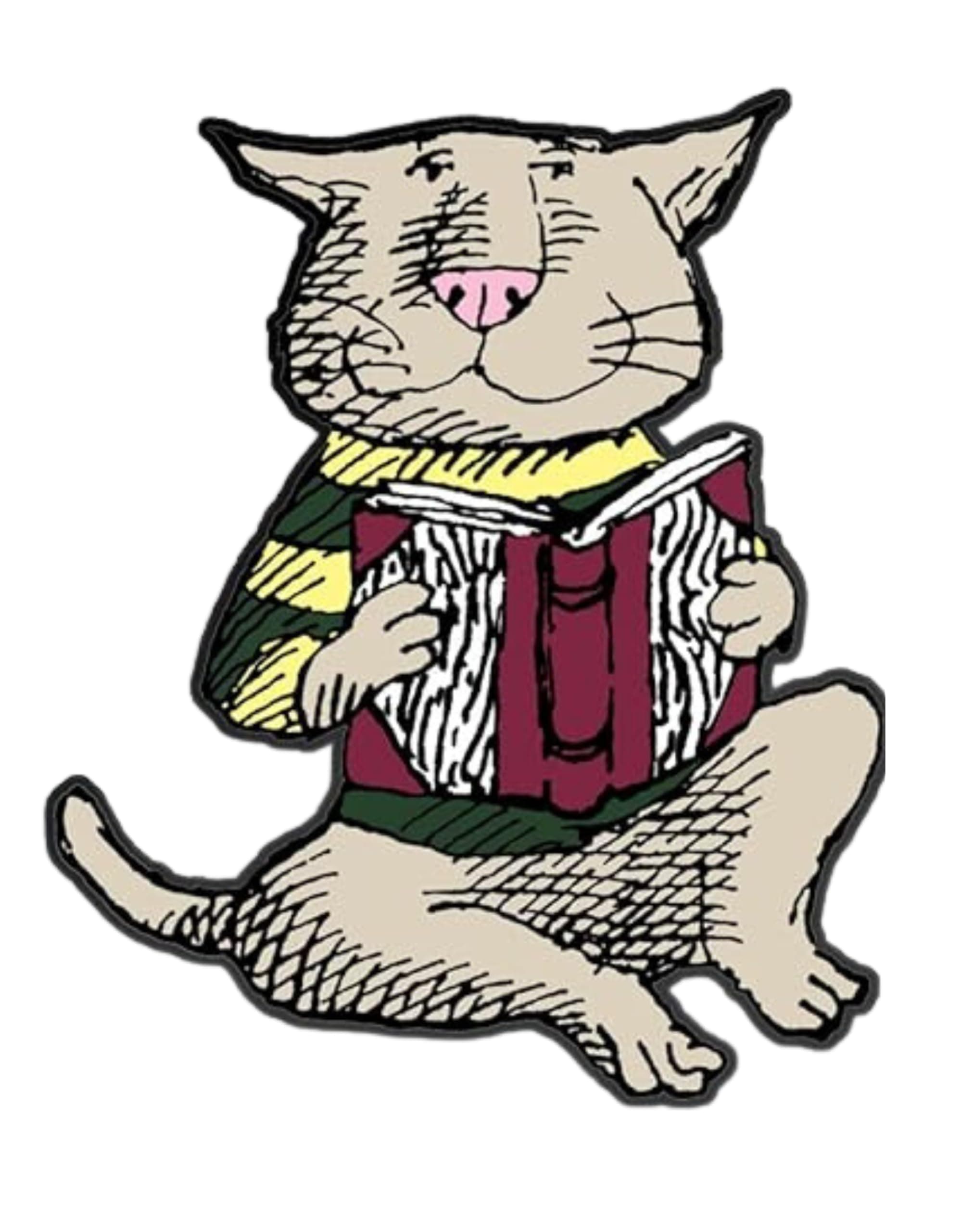 Arcane Vault's Edward Gorey™ "Cat & Book" Pinch Button | 1.5-Inch by 1.25-Inch Metallic Lapel Pin with Butterfly Clasp