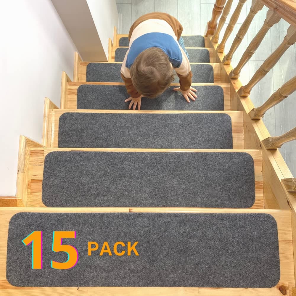Stair Treads for Wooden Steps (15 in Pack) Non Slip Carpet Non Adhesive Kids Elders Pets Safe Rug Slip Resistant Indoor Runner Reusable, Machine Washable Rubber TPR Backing (8"x 30", Grey, 15)