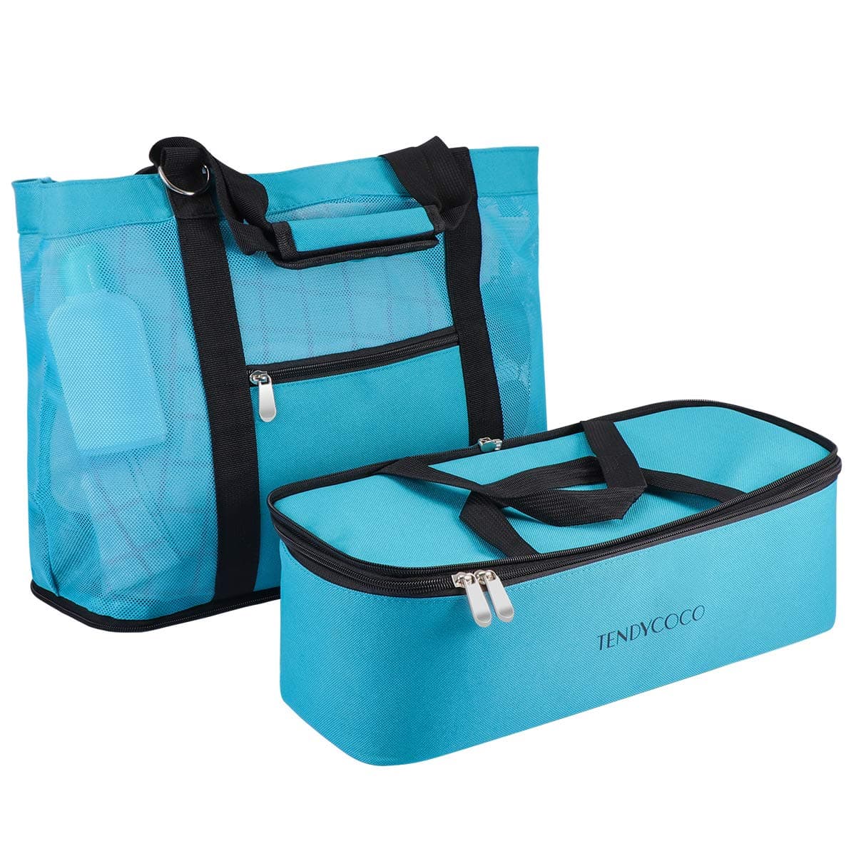 TENDYCOCO Mesh Beach Bag with Insulated Cooler Zipper 2 in 1 Pool Tote Bag Sandproof Women (Blue)