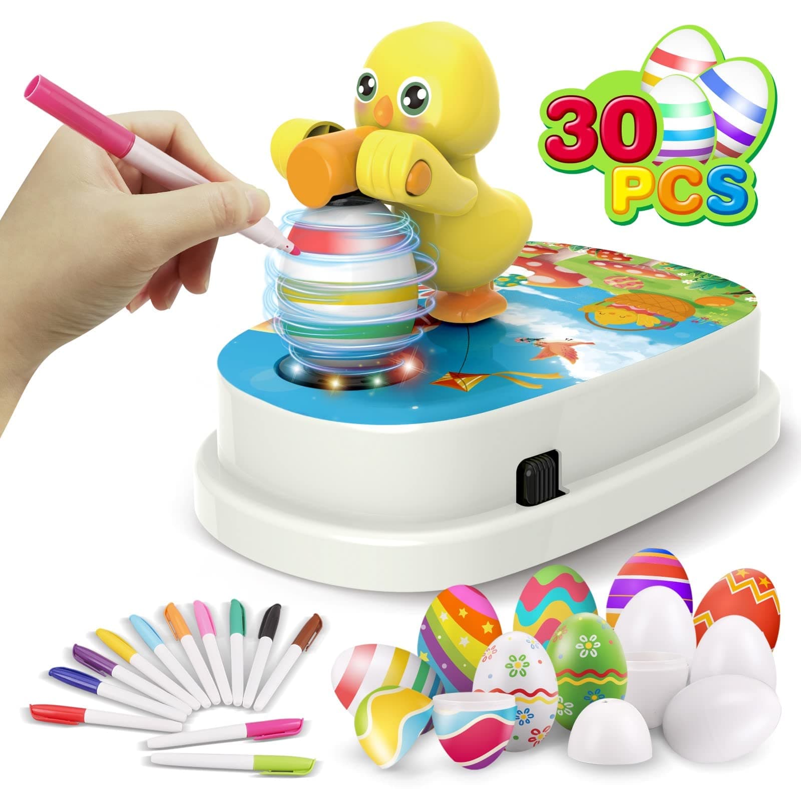 Engfa Easter Egg Decorating Kit, Chick Easter Eggs Decorating Kit Spinner Coloring Machine with 12 Dying Markers 30 Plastic Eggs and Slings, Easter Toy Arts and Crafts Set Gift for Kids Party