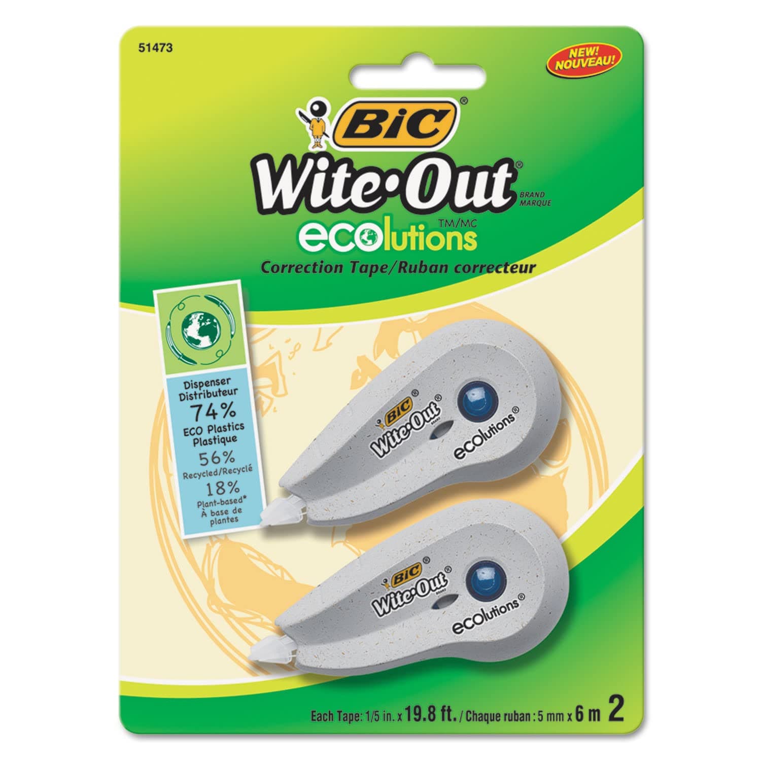 BIC WOETP21 Wite-Out Ecolutions Mini Correction Tape, White, 1/5-Inch x 235-Inch, 2/Pack