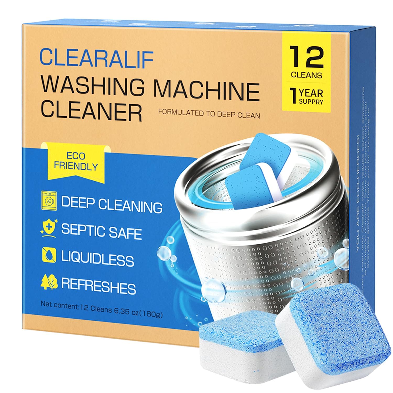 Washing Machine Cleaner 12 Pack,1 Year Supply, Clean Inside Drum and Laundry Tub Seal, Washing Machine Cleaner Tablets For HE Front Loader & Top Load Washer