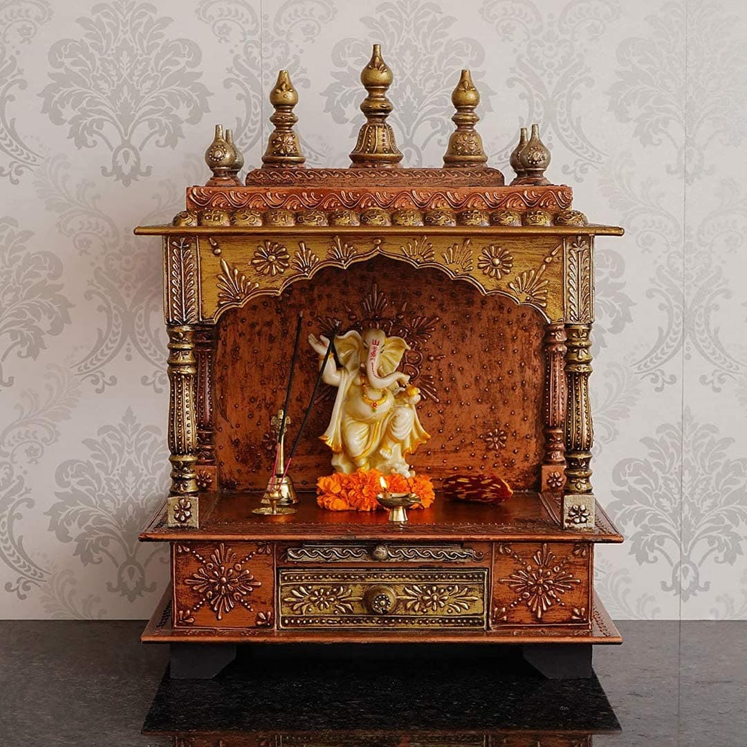 UNIVERSAL ART Mango Wooden Temple/Mandir/Pooja Ghar/Mandapam with Drawer Mangal Beautiful Puja Stand for Home and Office | Handcrafted Wall Mounted Engineered Ethnic Big Size(Size- 28D x 46W x 61H CM)