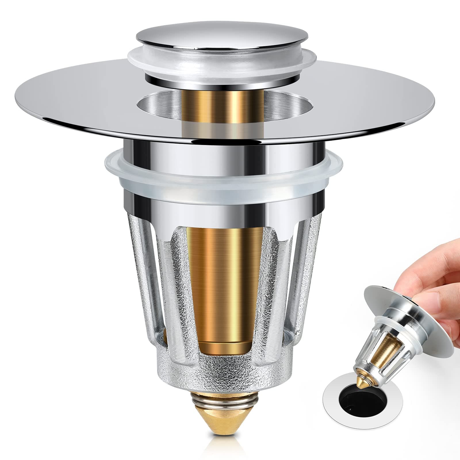 Universal Bathroom Sink Stopper, for 1.1-1.5 Inch Bullet Core Push Type Basin Pop Up Drain Filter, Bathtub Converter Sink Drain Strainer Plug No Overflow with Basket Hair Catcher