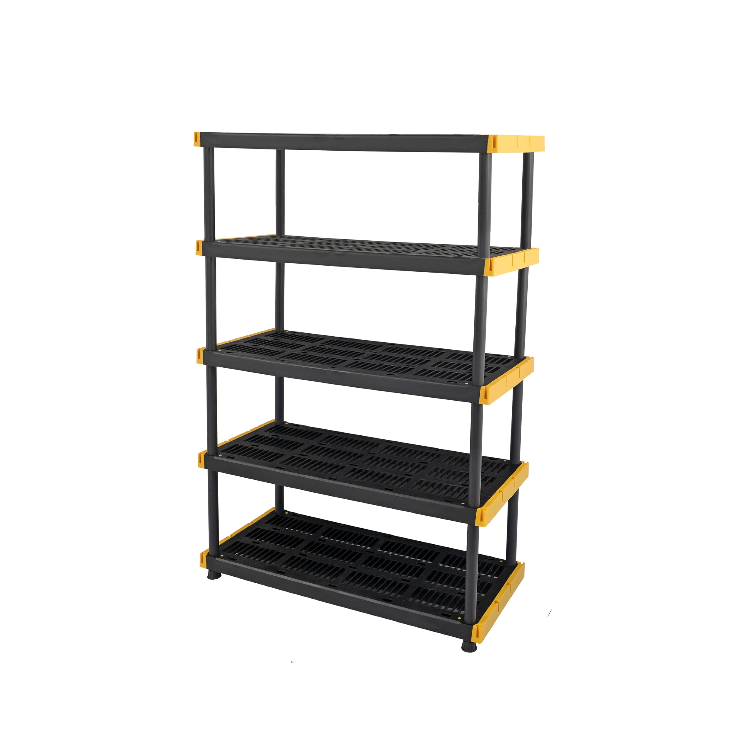 - Black & Yellow, 5-Tier Heavy Duty Plastic Storage Shelves that Support up to 200lbs/shelf, Organization and Storage, Weather-Resistant Design, Easy Assembly (72”H x 48”W x 20”D)