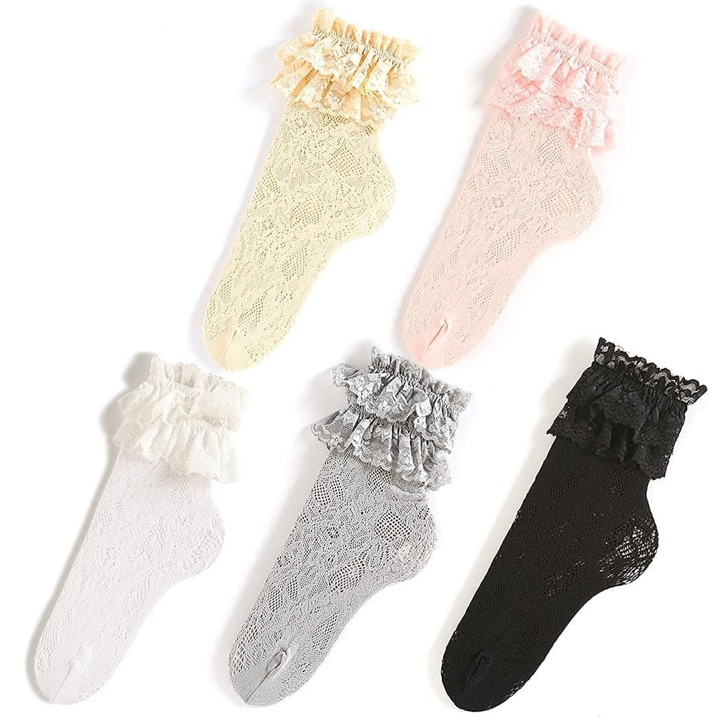 Lnrueg Ladies Girls Adults Woman Japanese Fashion Lovely Casual Lace Ruffle Socks Thin 5 Pairs Simple Cute Cozy Japanese Soft Cute Ankle Socks for Girl