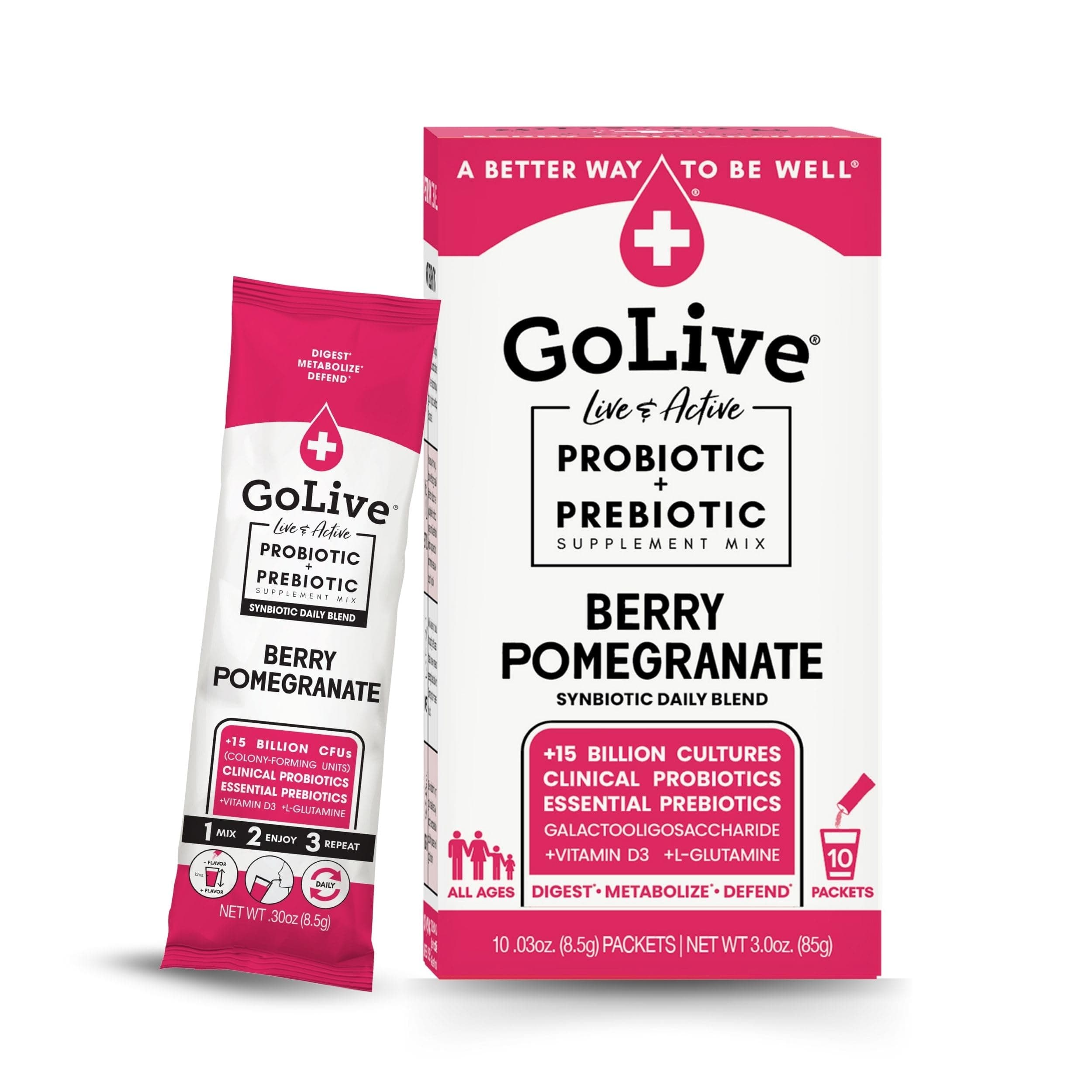 GoLive Prebiotic and Probiotic for Women, Men, Kids. Berry Pomegranate Synbiotic Powder w/ L-Glutamine, Vitamin D3, Electrolytes. For Gut Health, Digestion, Metabolism, Immunity 15-50B CFUs.