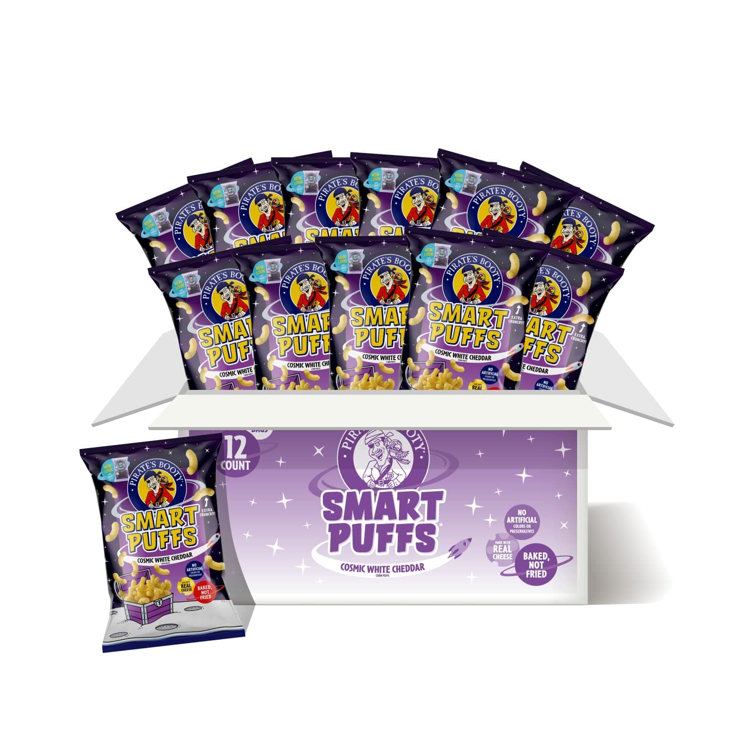 Pirate's Brand Smart Puffs, Wisconsin Cheddar, 12ct, 4.5oz Grocery Size Bags, Gluten Free, Healthy Kids Snacks
