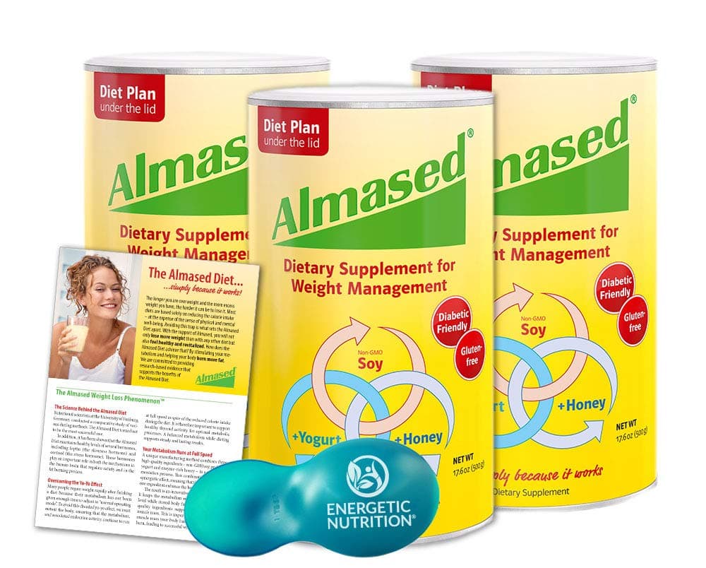 Almased Diet Kit – 3 cans Almased Multi-Protein Powder (17.6 oz ea) bundled with 1 Energetic Multi-measure Scoop (4 items)