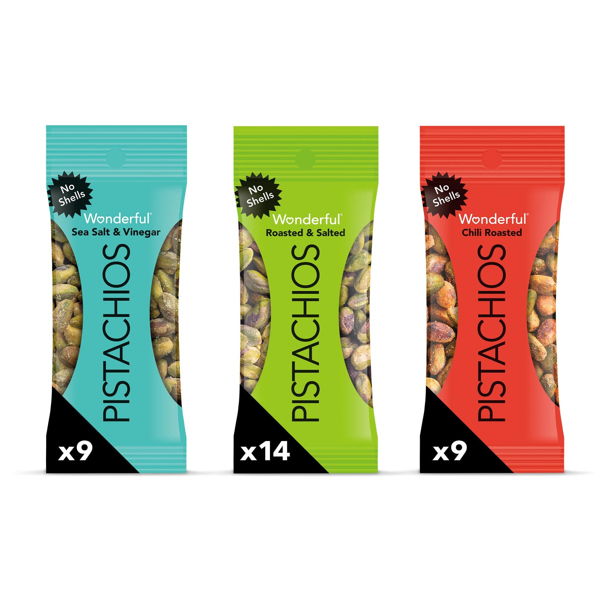 Wonderful Pistachios No Shells, 3 Flavors Mixed Variety Pack of 32 (0.75 Ounce), Roasted & Salted Nuts (14), Chili Roasted (9), Sea Salt & Vinegar (9), Protein Snacks, Bulk Snacks Individually Wrapped