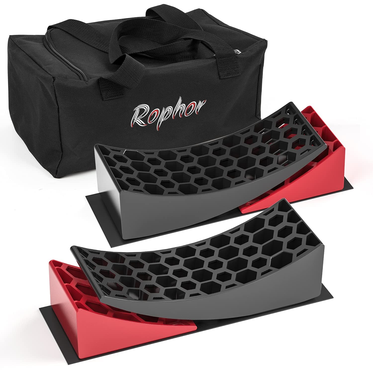 Rophor Camper Levelers, RV Leveling Blocks Ramps Kit for Travel Trailer, Include Two Curved Levelers, Two Chocks, Two Anti-Slip Mats and Carrying Bag, Up to 35,000 lbs
