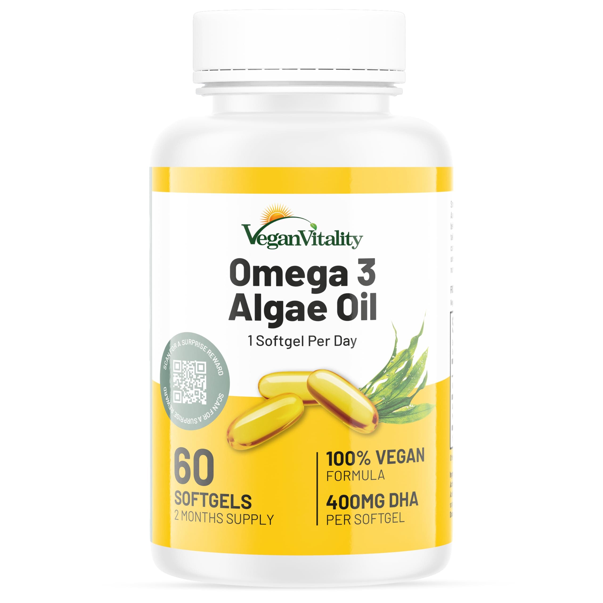 Vegan Vitality Vegan Omega 3 Supplement - 60 Plant Based Carrageenan Free Algae Oil Soft Gels Essential Fatty Acids with Vegan DHA for Joint, Heart & Immune Support. Fish Oil Alternative Without EPA.…
