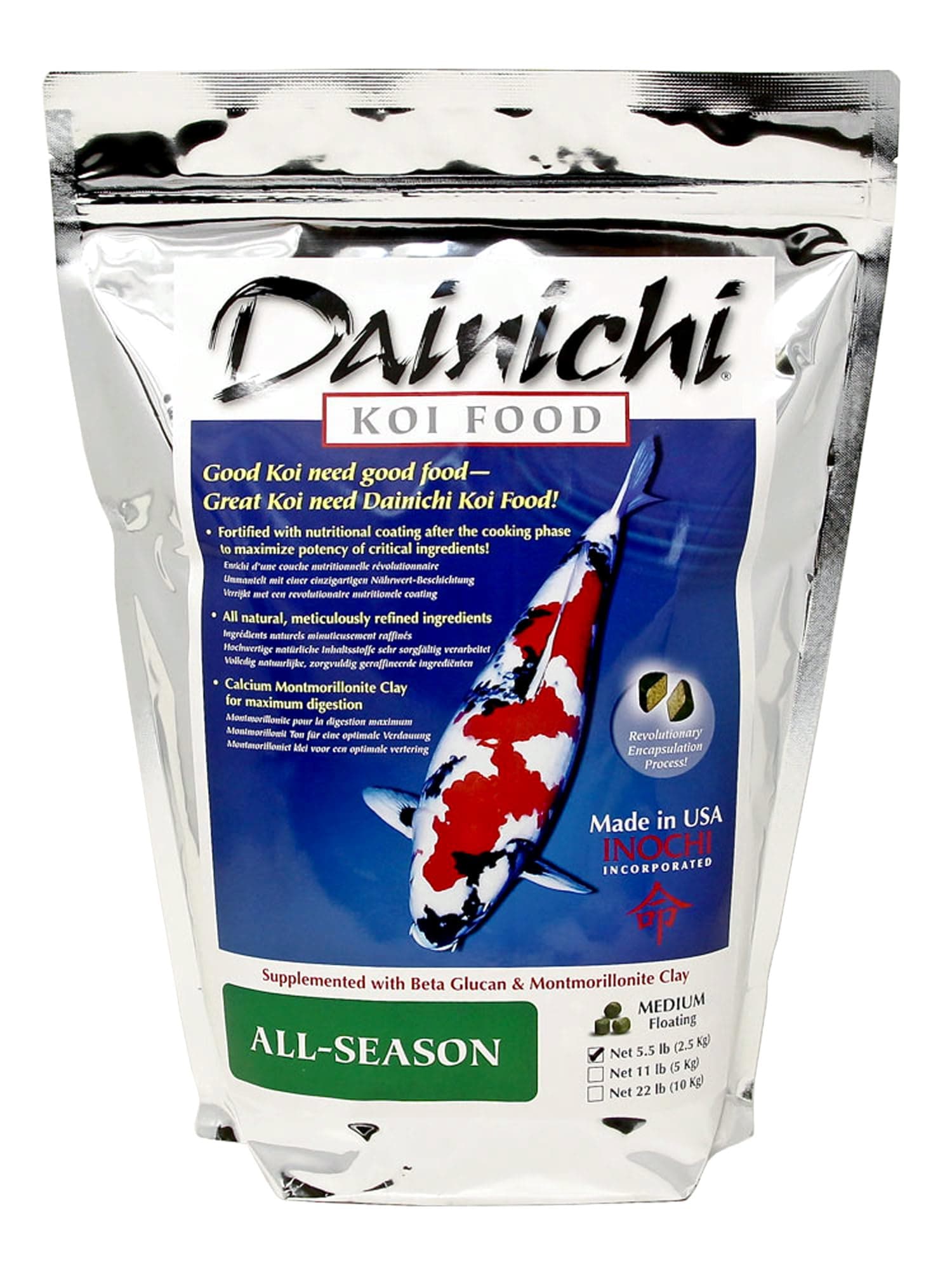 Koi Fish Food, All-Season 5.5 lb Bag – Medium Floating Pellets (5.5 mm) for Koi, Goldfish and Pond Fish – Cold-Weather and Winter Formula – Easily Digestible Wheat Germ Formula