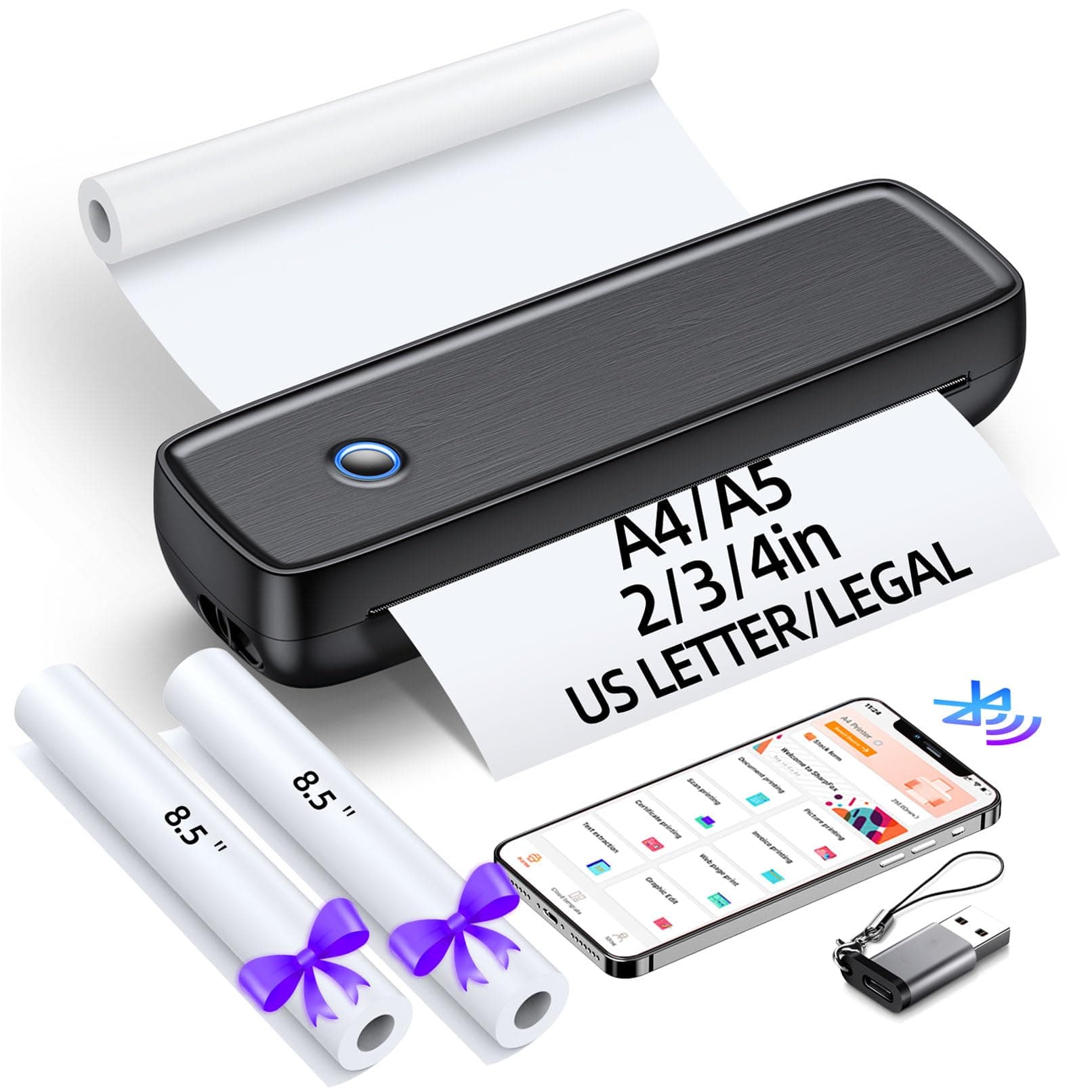 Aixiqee Inkless Portable Wireless for Travel - High Resolution, 4200mAh Battery, Thermal Mini Printer for A4/A5/US Letter, Bluetooth & USB, Lightweight Wireless Printer for Home/Office,Black