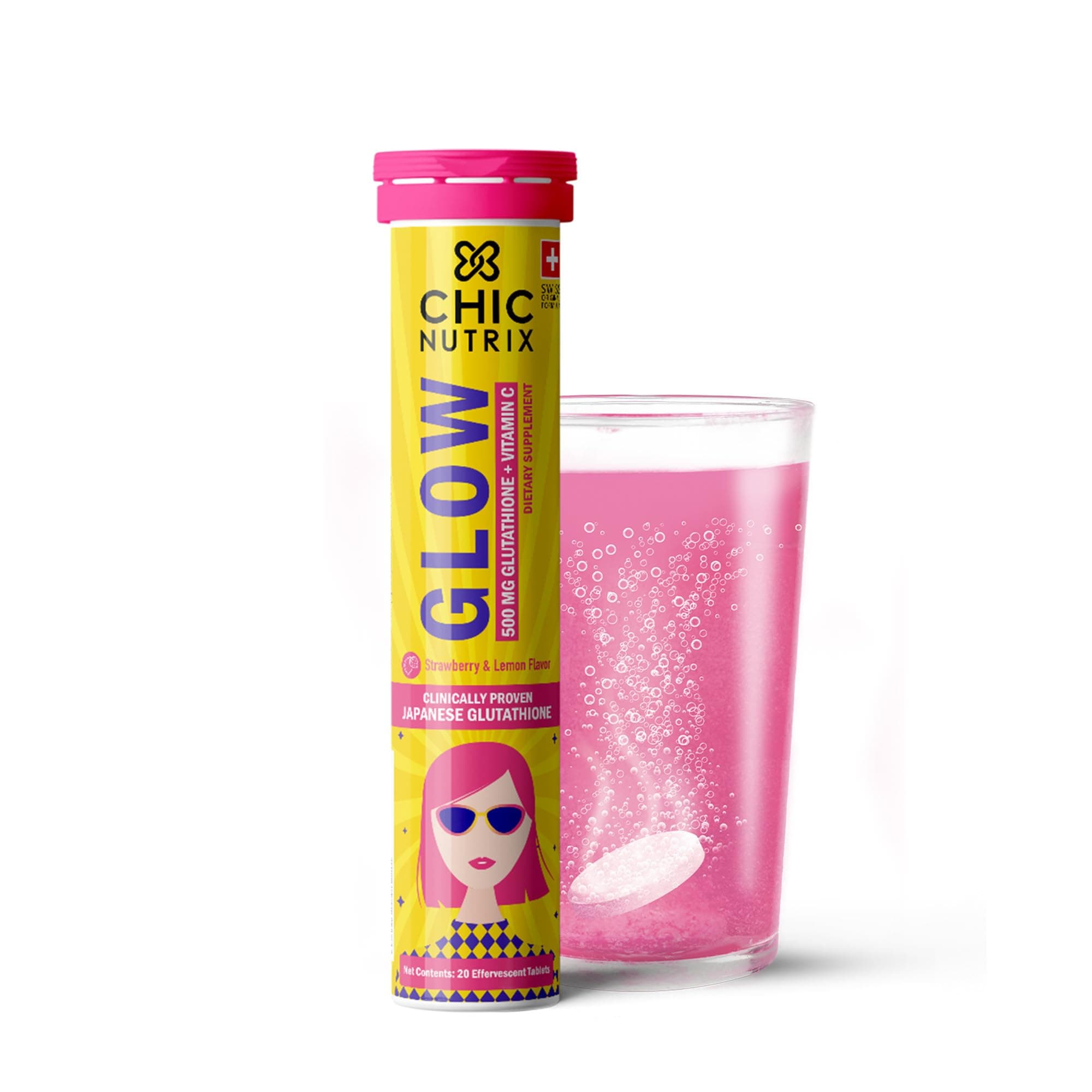 Chicnutrix Glow - Reduced Glutathione 500mg (OPITAC™) & Vitamin C for antioxidant support and detoxification, non-GMO & Vegan - 20 tablets (Strawberry – Lemon flavour)