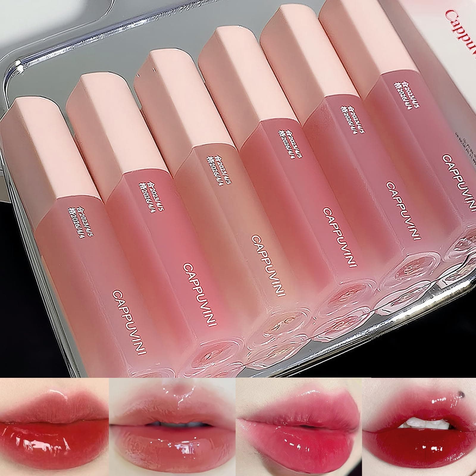 Juicy Lasting Tint Lip Gloss Set, Vivid Color, Glossy Finish, Long-lasting Moisturizing Glaze Tint Highly-Pigmented, Clear & Natural Makeup Lip Tint for Daily (6Pcs)